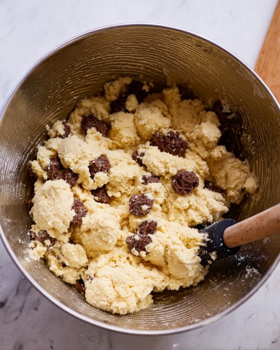 Inside a large metal mixing bowl with a textured surface, there is a thick, pale yellow dough that looks soft and crumbly. Scattered throughout the dough are small dark brown chunks that contrast against the light dough. A wooden spoon with a black silicone tip is resting inside the bowl on the right side, partially covered by the dough mixture. The bowl is placed on a white marbled surface photo taken with an iphone --ar 4:5 --v 7