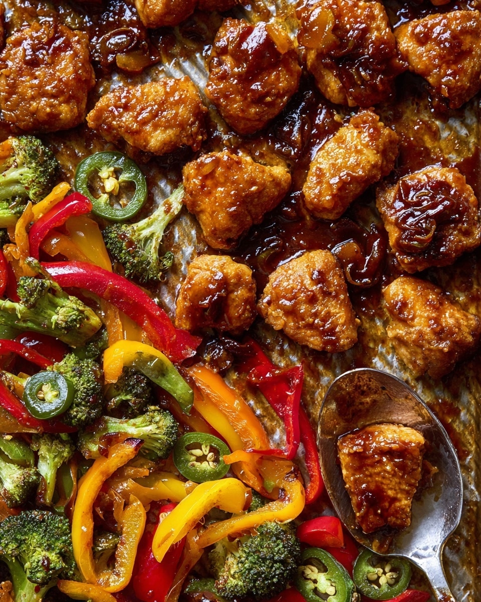The image shows a close-up of many pieces of cooked chicken with a shiny, rich brown sauce that coats each piece, scattered with dark slices of jalapeño peppers. Below the chicken, there is a mix of cooked vegetables with bright red, yellow, and orange bell pepper strips and slightly charred green broccoli florets. A silver spoon holds some pieces of the saucy chicken near the center right. The food rests on a textured surface with a faint grid pattern, changed to a white marbled texture. Photo taken with an iphone --ar 4:5 --v 7