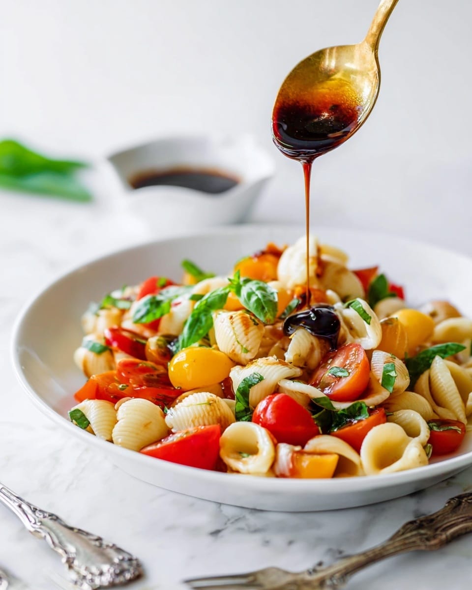 A white plate filled with three layers of small shell pasta, colorful yellow, red, and orange cherry tomato halves, and fresh green basil leaves all mixed together, creating a vibrant and fresh dish. On top, a dark glossy sauce is being poured from a gold spoon, adding shine and contrast to the colors below. The plate rests on a white marbled surface with two ornate silver forks nearby and a small white bowl with a dark sauce in the background, giving a clean and bright setting. photo taken with an iphone --ar 4:5 --v 7