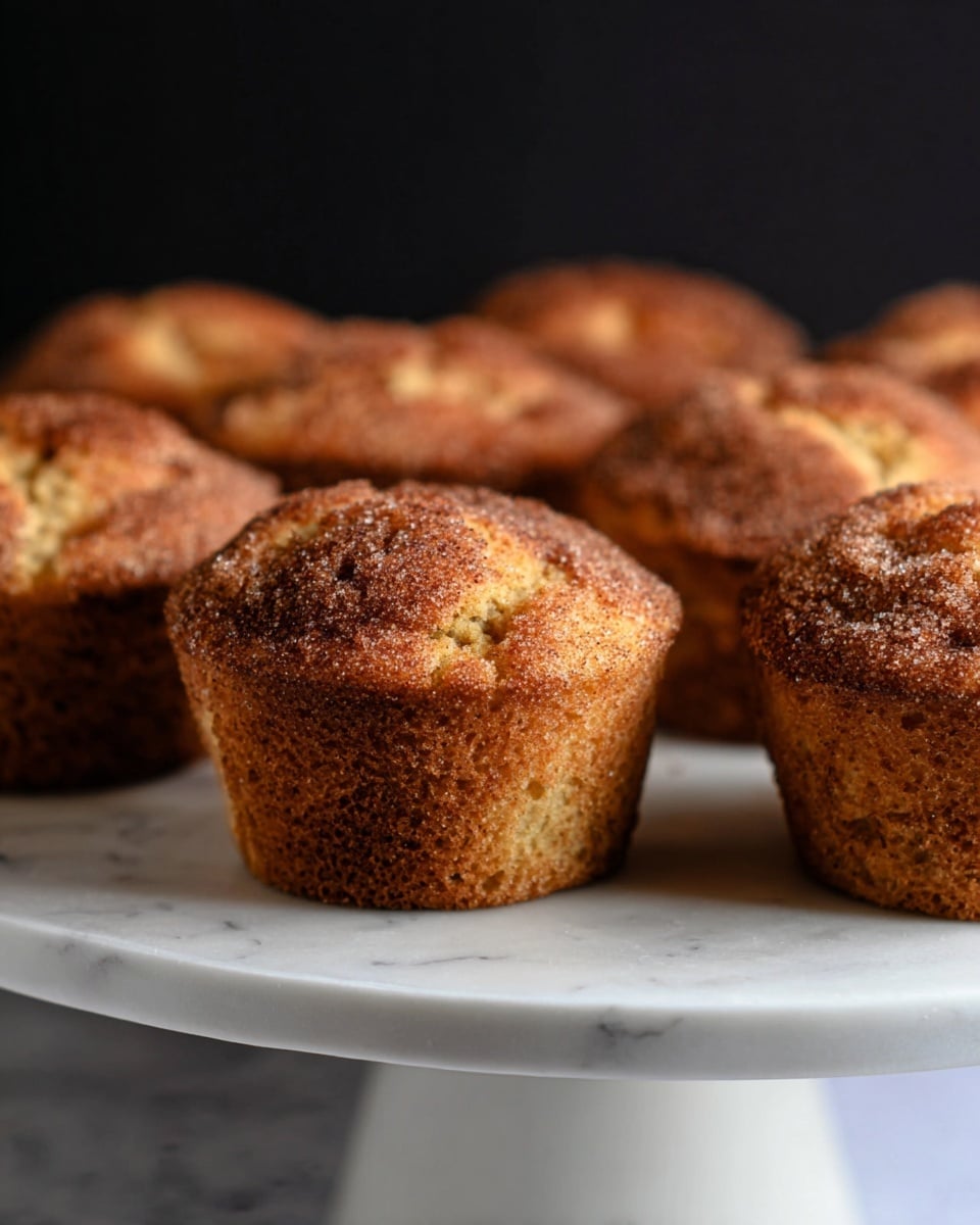 The image shows a close-up of several cinnamon sugar muffins arranged in rows on a white cake stand. Each muffin has a golden-brown base with a rough, crumbly texture and a darker, sugary crust on top, giving them a slightly crunchy look. The muffins are rounded with some cracks on the surface, showcasing a soft inside. The background is dark, while the cake stand sits on a white marbled surface. The photo taken with an iphone --ar 4:5 --v 7