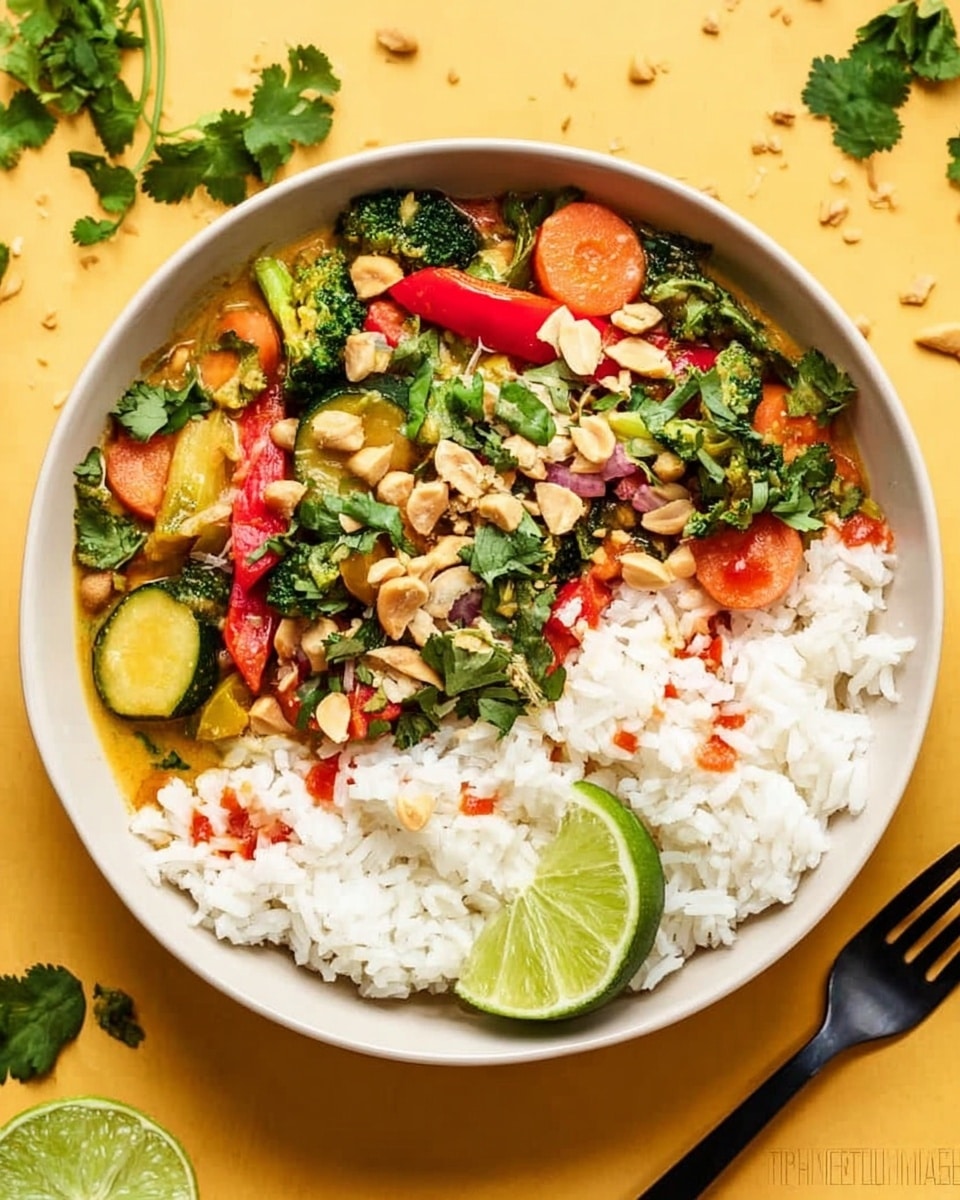 A white bowl filled with two main layers: on one side, steamed white rice with a fluffy texture and on the other side, a colorful vegetable curry with sliced carrots, red bell peppers, zucchini, broccoli, and spinach, all coated in a creamy sauce. The curry is topped with chopped peanuts, fresh cilantro leaves, and a lime wedge placed at the front edge of the bowl. A drizzle of reddish sauce adds contrast on the curry side. The bowl is set on a yellow background with some cilantro sprigs scattered around and a black fork to the right. photo taken with an iphone --ar 4:5 --v 7