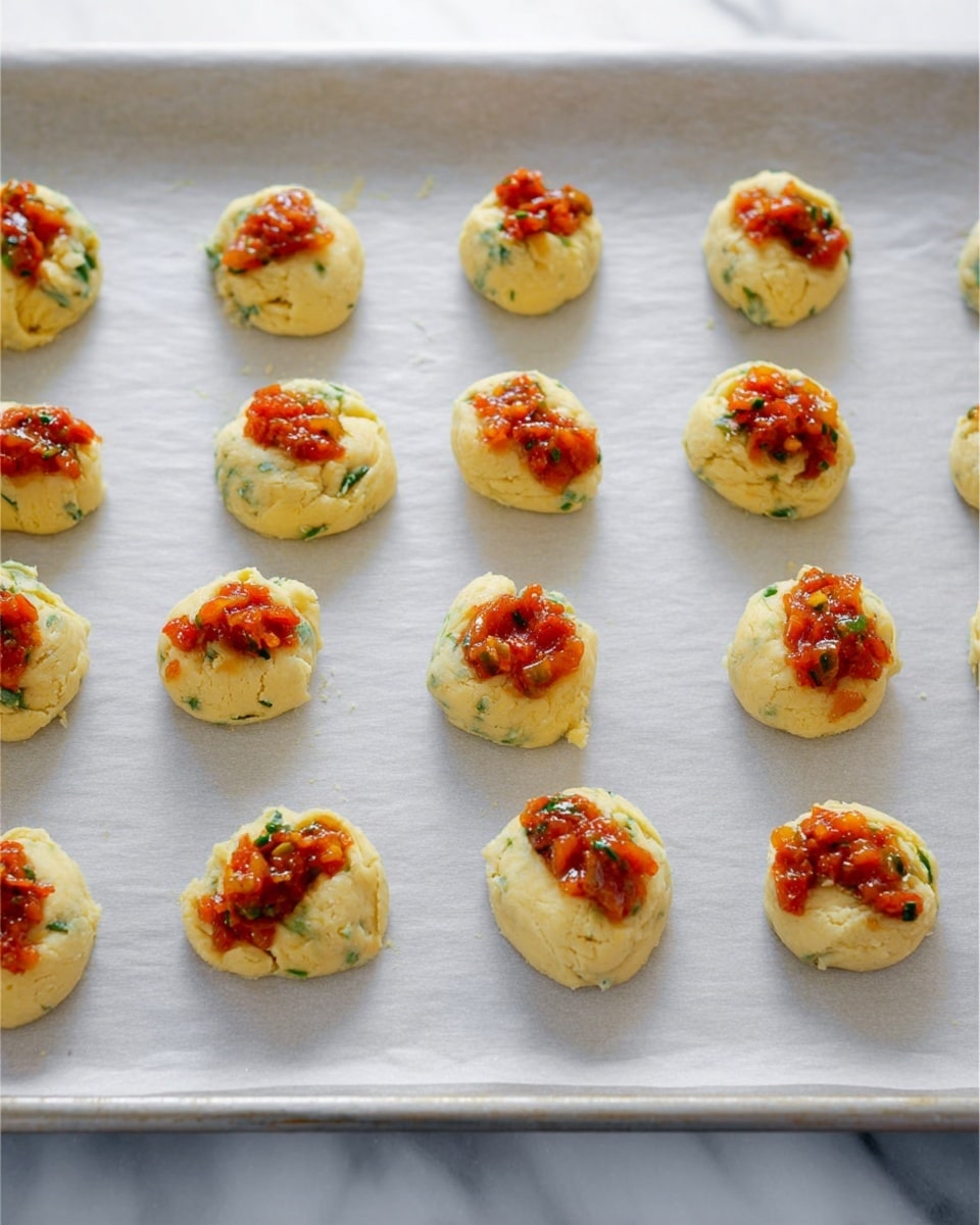 The image shows a baking sheet lined with parchment paper on a white marbled surface. On the sheet, there are 16 small, round dough pieces evenly spaced. Each dough piece is pale creamy-yellow with bits of green herbs mixed throughout, and on top of each, there is a small mound of red-orange vegetable topping that looks shiny and slightly chunky. The dough rounds are soft and slightly thick, and the colorful topping contrasts with the light dough. The baking sheet and parchment paper add a simple, clean background to highlight the pieces. Photo taken with an iphone --ar 4:5 --v 7