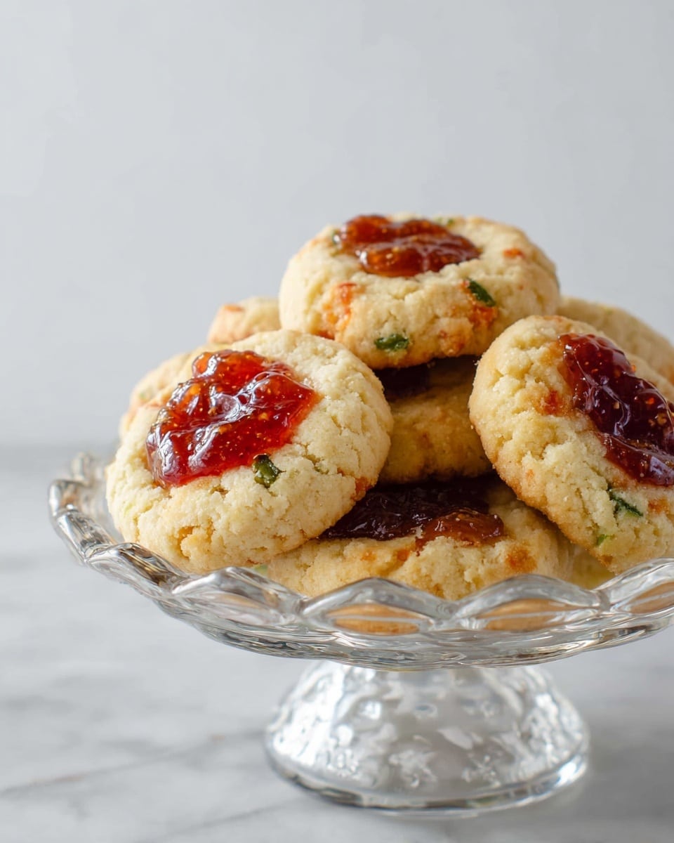 A clear glass bowl holds a stack of round cookies with a light golden color and soft texture, each cookie topped with a thick, shiny spread of red or green jam in the center. The cookies show small bits of green and orange mixed into the dough, adding texture and color. The jam looks sticky and glossy, giving a rich contrast to the pale cookies. The bowl stands on a short pedestal on a white marbled surface, with a plain white background. photo taken with an iphone --ar 4:5 --v 7