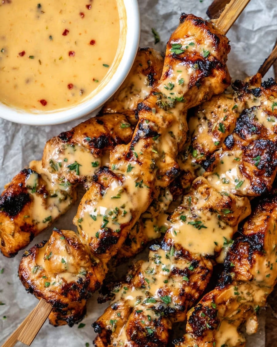 The image shows several skewers of grilled chicken pieces with a shiny, caramelized glaze, arranged closely on crumpled brown parchment paper. The chicken pieces are charred in spots, giving a mix of golden brown and dark grill marks. The glaze appears thick and glossy, lightly dripping over some pieces, with small green herb bits sprinkled on top. There is also a white bowl edge with a creamy orange sauce visible on the top left side. The background surface is a white marbled texture. photo taken with an iphone --ar 4:5 --v 7