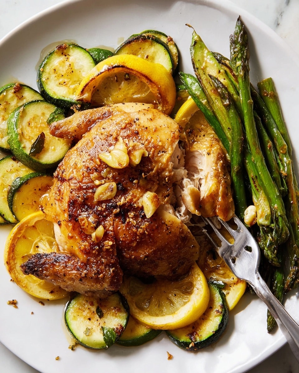 The image shows a white plate filled with four pieces of golden-brown roasted chicken thighs, each with a crispy, slightly charred skin. The chicken pieces are placed closely together, and they sit on a bed of green asparagus stalks and slices of yellow squash with a light char. There are also several slices of grilled lemon with a caramelized surface, scattered between and on top of the chicken. The whole dish has a warm, roasted color palette with a mix of textures from the crisp chicken skin, soft vegetables, and juicy lemon slices. The background surface is white marble. photo taken with an iphone --ar 4:5 --v 7
