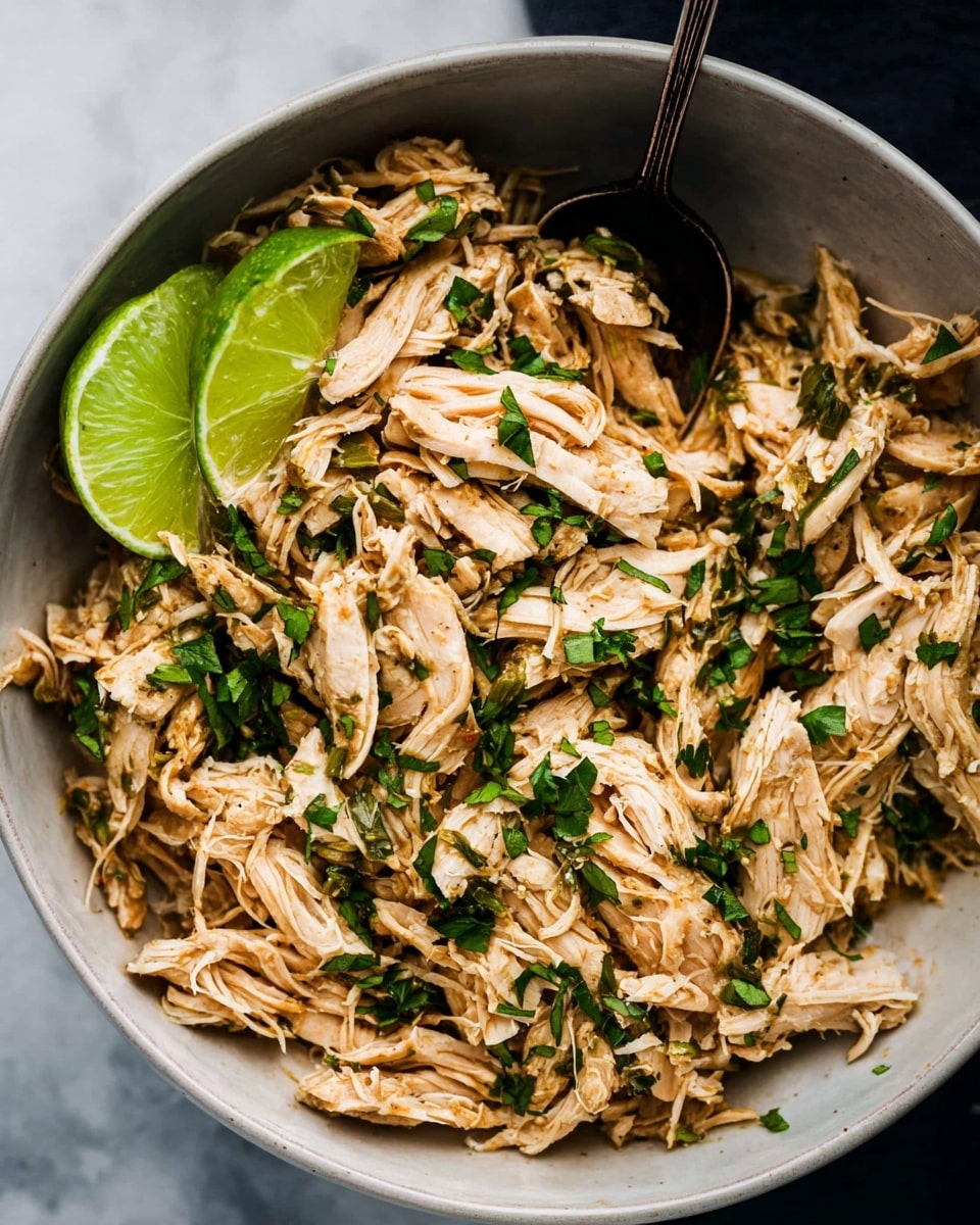 A close-up view of a white bowl filled with shredded light brown chicken mixed with green chopped herbs scattered across the top. There is a wedge of bright green lime placed on one side inside the bowl. A dark spoon is partly buried in the chicken, resting against the edge of the bowl. The bowl is placed on a white marbled surface. photo taken with an iphone --ar 4:5 --v 7