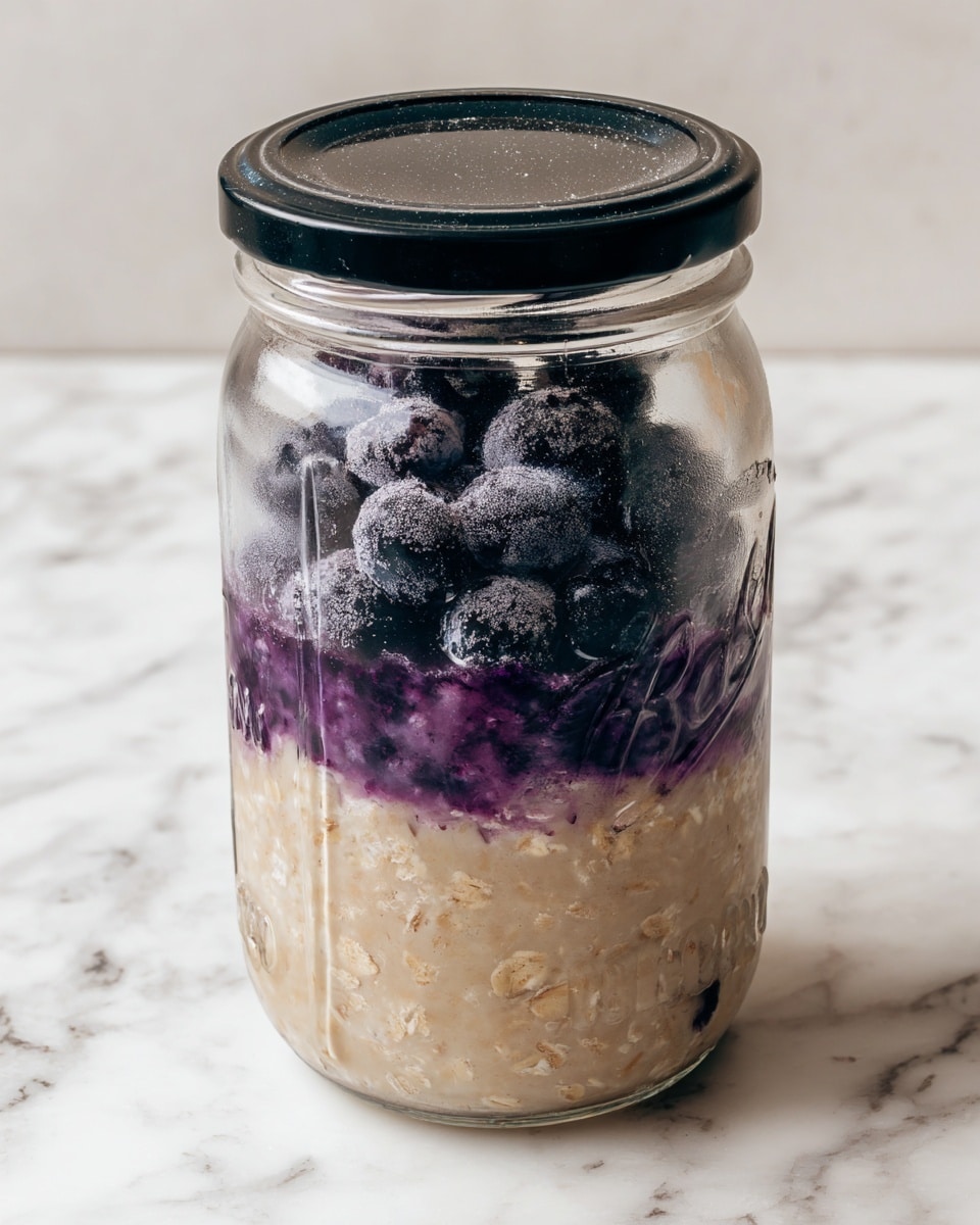 A clear glass jar with a black lid sits on a white marbled surface. Inside the jar, there are three visible layers: the bottom layer is a thick, beige-colored oatmeal with a smooth but slightly chunky texture; above that is a thin, vibrant purple-blue layer of mixed berries juice or puree; the top layer consists of whole dark blue and deep purple berries with a frosty, slightly powdery appearance. The jar is slightly frosted on the outside, adding a soft, cool look. photo taken with an iphone --ar 4:5 --v 7