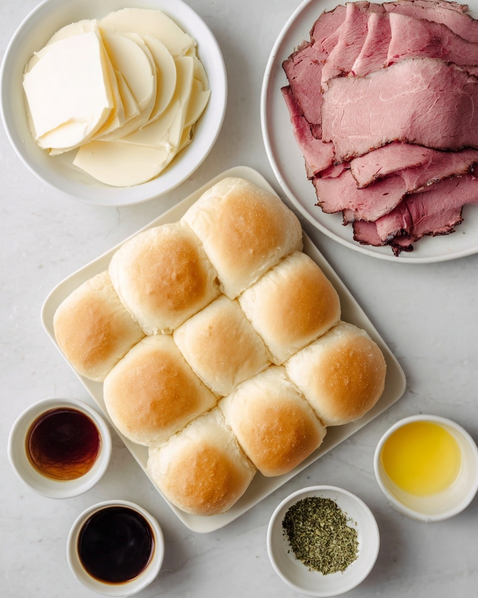 The image shows a white plate with 12 soft, fluffy sandwich rolls arranged in a 3x4 grid as the main focus. Above it, slightly to the right, there is a white plate filled with thinly sliced pink roast beef with dark edges stacked loosely. To the left of the roast beef, there is a smaller white bowl holding round slices of white cheese stacked neatly. Near the roast beef plate, on the white marbled surface, there are three small white bowls: one with a dark brown liquid, one with a green herb and light powder mix, and one with melted yellow butter. The setting is clean and bright with a white marbled surface as a background. photo taken with an iphone --ar 4:5 --v 7