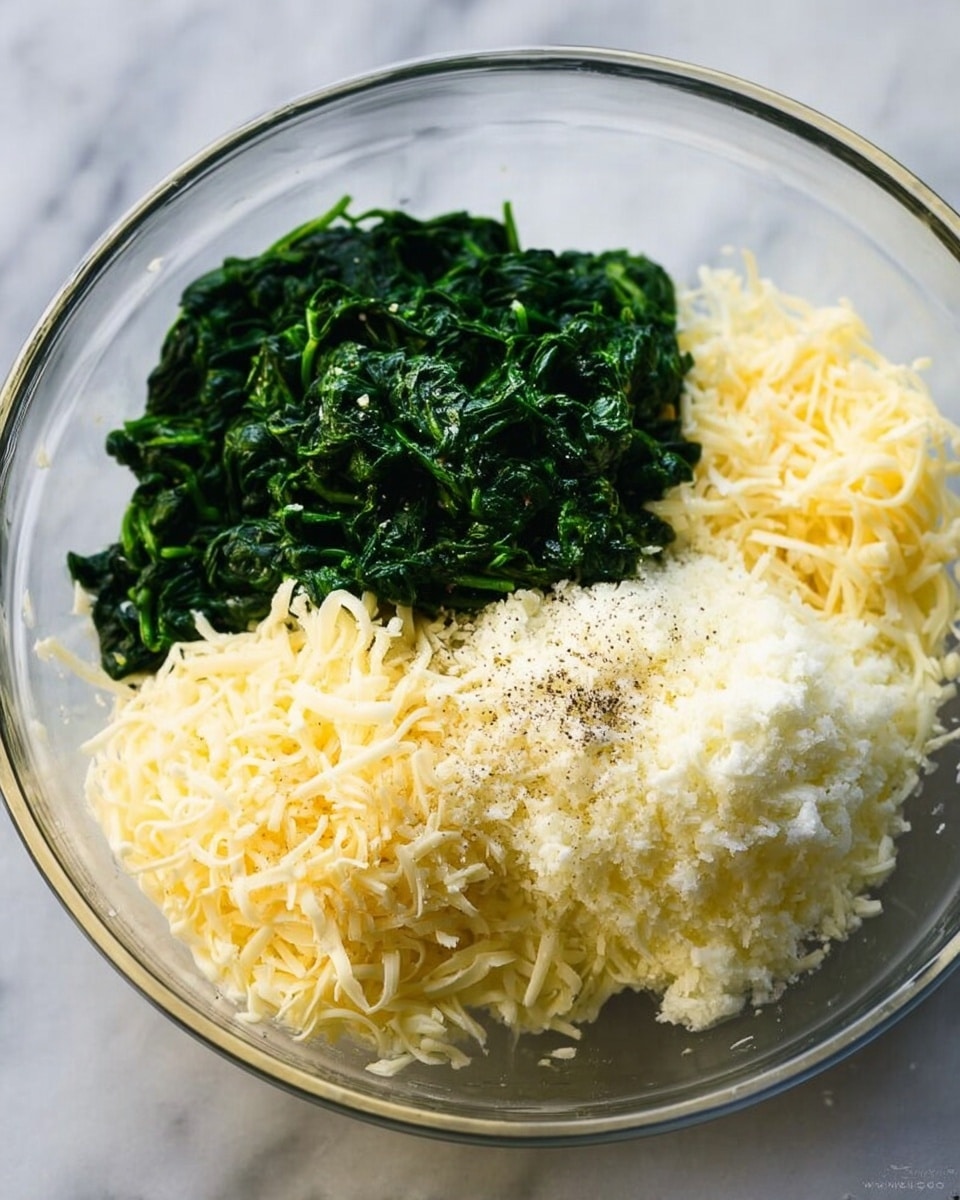 A clear glass bowl is filled with four main ingredients layered side by side: dark green chopped spinach on the left side with a slightly wet, leafy texture; a small mound of creamy light yellow shredded cheese next to the spinach; a portion of finely grated pale yellow cheese on the right side; and a small amount of finely minced pale yellow garlic placed near the spinach. There are light sprinkles of ground black pepper and salt on top of the cheeses. The bowl sits on a white marbled surface. photo taken with an iphone --ar 4:5 --v 7