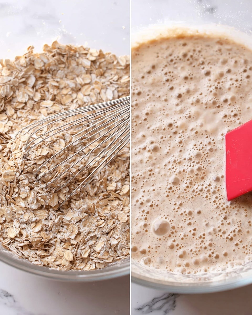 The image shows two close-up views of a clear bowl with oats and a whisk. On the left side, dry light brown oats mixed with some fine brown powder are being whisked, showing a rough, flaky texture with the metal whisk partially buried in the oats. On the right side, the oats have been mixed with a beige creamy liquid, creating a wet mixture with bubbles on the surface and the oats floating in it, with a red spatula partially visible at the edge of the bowl. The scene is set on a white marbled texture. photo taken with an iphone --ar 4:5 --v 7