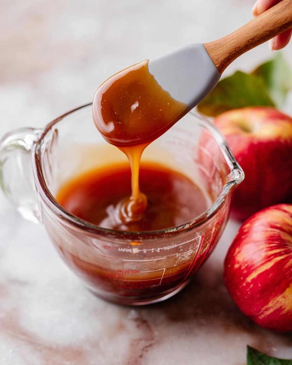 A clear glass measuring cup sits on a white marbled surface, filled with a smooth, shiny amber-brown liquid being stirred by a silicone spatula with a wooden handle held by a woman's hand in the lower right corner. Two bright red apples with green leaves attached are placed behind the cup, one larger and one smaller, adding vibrant color to the scene. The liquid inside the cup reflects light, showing the motion of stirring with a glossy texture. Photo taken with an iphone --ar 4:5 --v 7