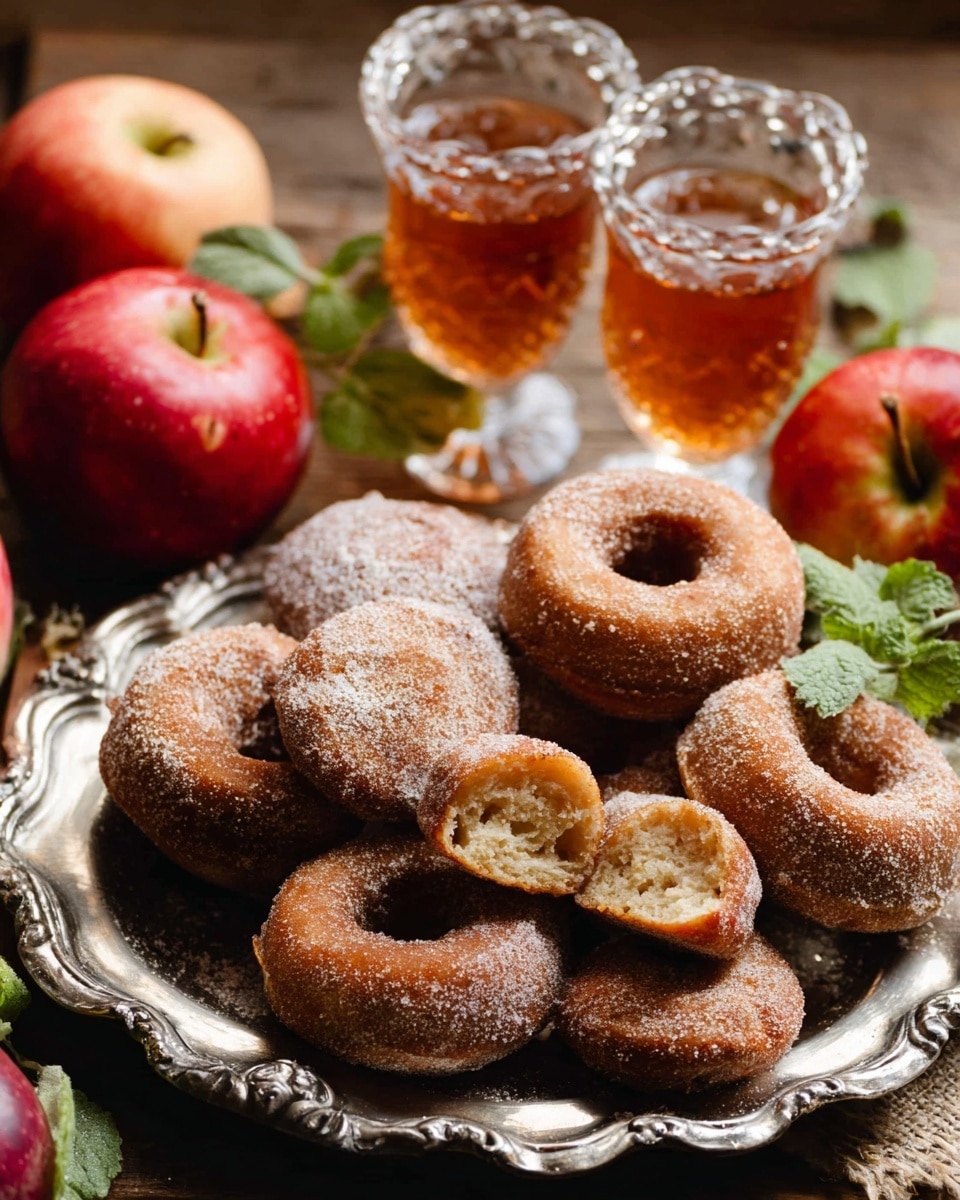 A silver plate filled with several round brown donuts covered lightly with sugar is the main focus. On top of the donuts, there are two halves of a broken donut showing a soft, light brown inside texture. Around the plate, there are two red apples with green leaves still attached. In the background, two short glass cups filled halfway with amber-colored liquid are placed beside the plate. The whole scene rests on a wood-textured surface. photo taken with an iphone --ar 4:5 --v 7