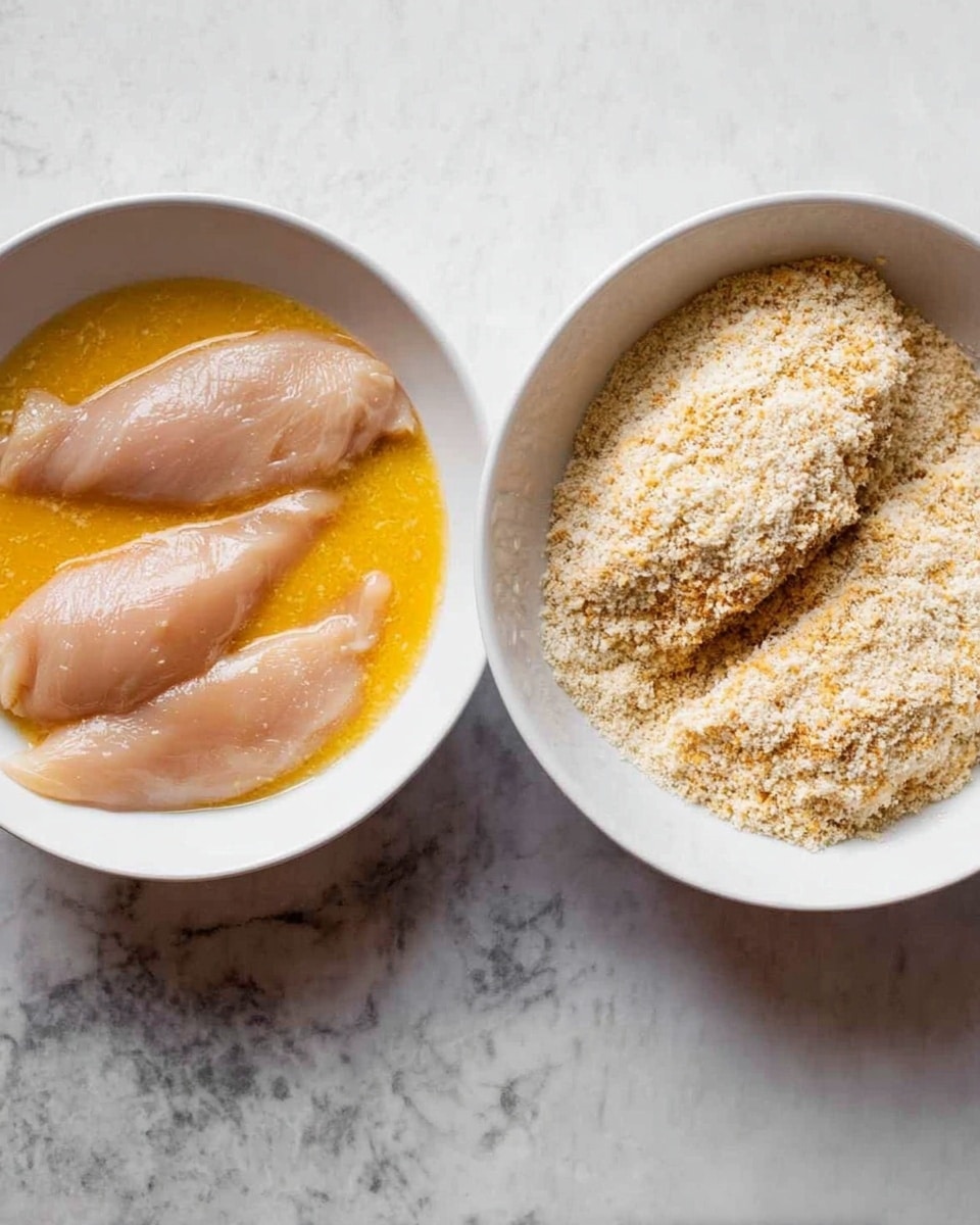Two white bowls sit side by side on a white marbled surface. The bowl on the left has three raw chicken pieces soaked in a yellow-orange beaten egg mixture, the chicken showing a smooth, wet texture. The bowl on the right contains three chicken pieces coated in pale, crumbly breadcrumbs with a light and slightly coarse texture, the crumbs dusted unevenly over the chicken. Both bowls are filled about halfway, and the scene focuses on the preparation stage of breading chicken. Photo taken with an iphone --ar 4:5 --v 7