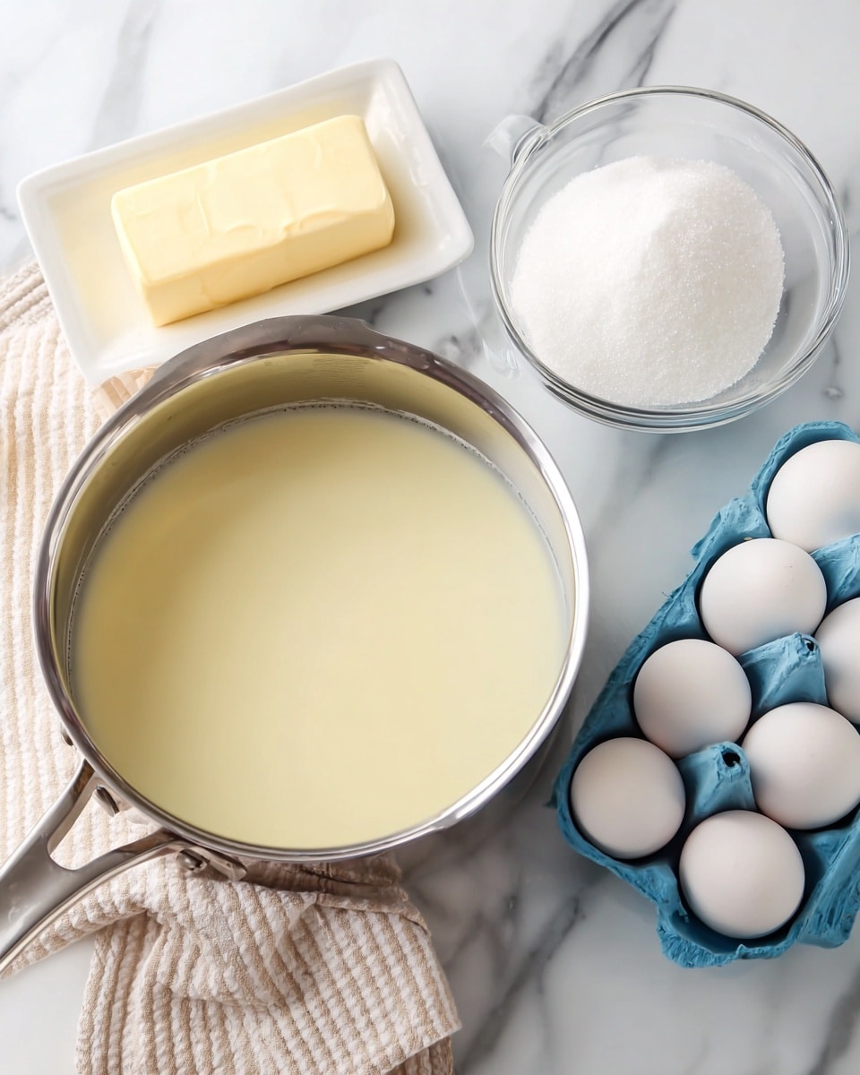 A shiny silver pot filled with a pale yellow liquid, likely milk, sits on a white marbled surface. Next to the pot, there is a white rectangular glass dish holding a stick of light yellow butter. Above this, a clear glass bowl is filled with white granulated sugar, and beside it is a blue tray holding six white eggs. A beige and white striped cloth is partially visible under the sugar bowl. The scene is brightly lit and arranged neatly, focused on the tools and ingredients for cooking or baking. photo taken with an iphone --ar 4:5 --v 7