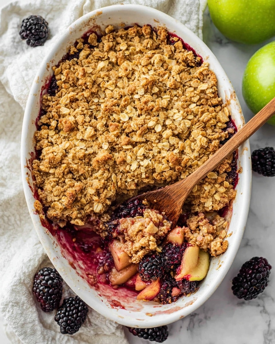 A white oval baking dish filled with a baked fruit crumble that has a thick, golden-brown oat topping with large oat flakes scattered over it. One section is scooped out, revealing a juicy fruit layer underneath with dark purple blackberries and light pink slices of apple or pear, mixed with syrup. A wooden spoon rests in the dish, holding some of the scooped crumble and fruit. Around the dish, there are whole blackberries and a green apple on a white marbled surface with a light cloth nearby. photo taken with an iphone --ar 4:5 --v 7