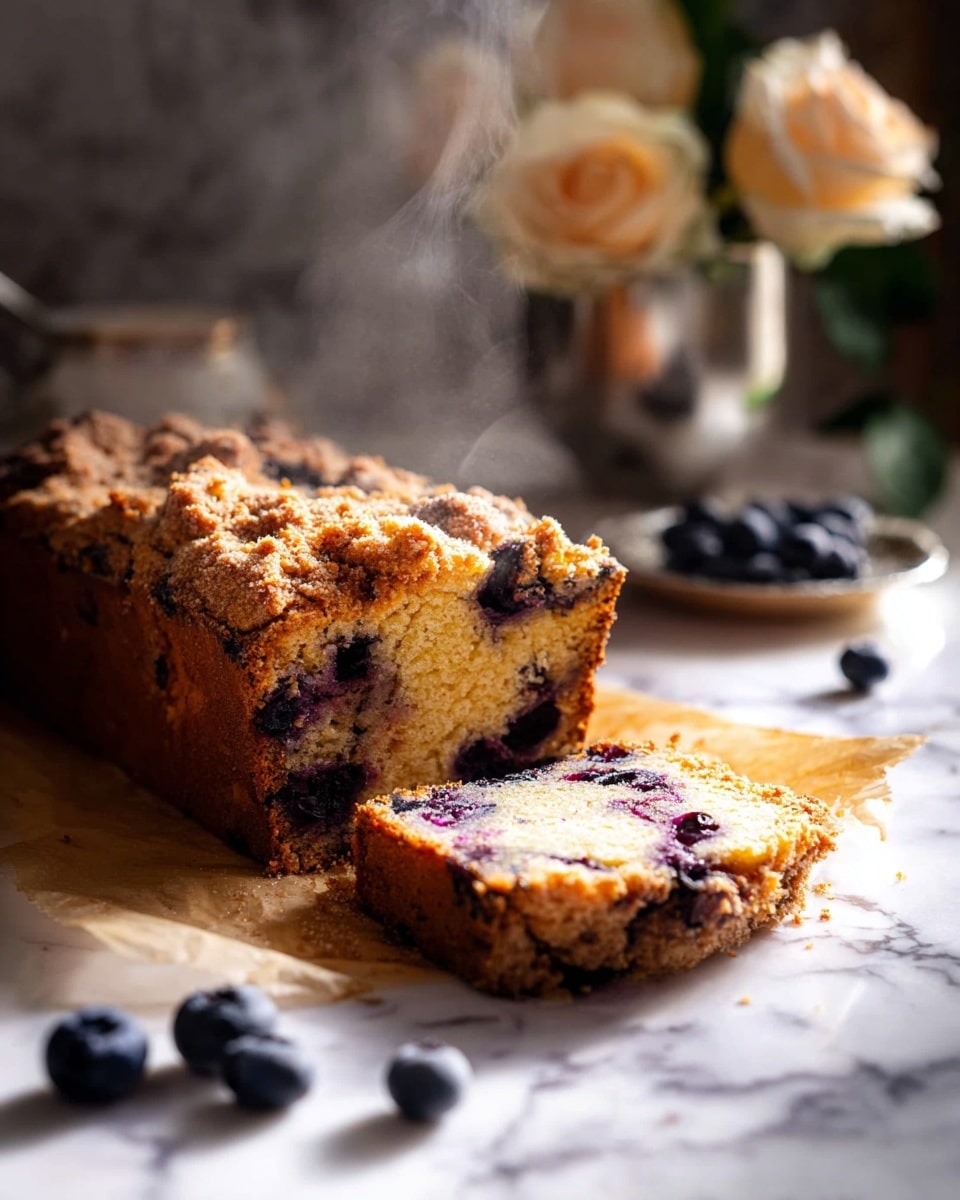 A loaf of blueberry cake with a crumbly, golden-brown top crust sits on a piece of parchment paper over a white marbled surface. One large slice is cut and lying flat, showing the soft, light yellow inside with many scattered dark blue blueberries. Another smaller slice leans on the cut slice, revealing the textured top crust and speckled berries inside. A few fresh blueberries are scattered on the surface nearby. There are light wisps of steam rising from the cake, highlighting its warmth. In the background, blurred pale yellow roses in a silver cup add a gentle, cozy atmosphere. photo taken with an iphone --ar 4:5 --v 7