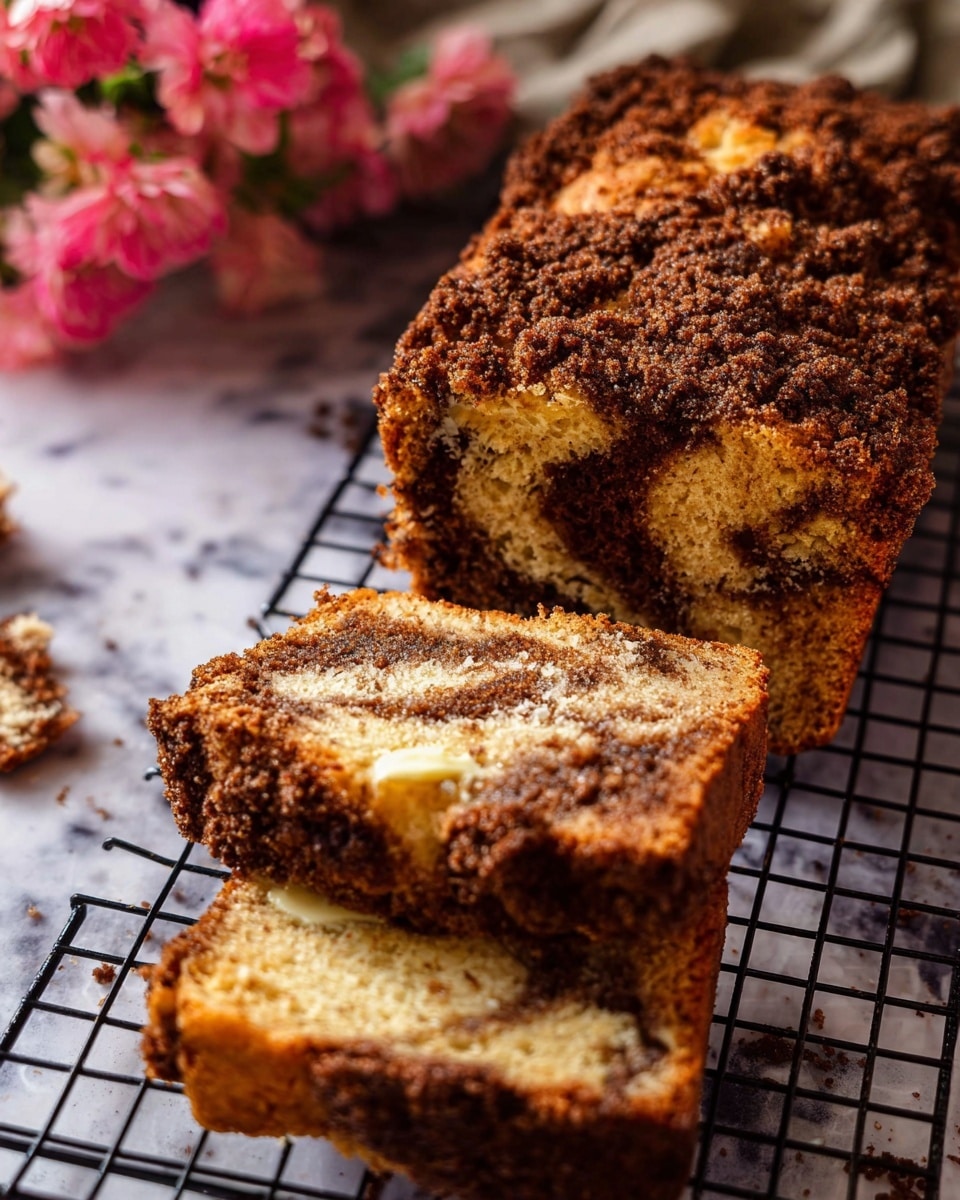 The image shows a loaf of streusel-topped cake with three slices cut from it, placed on a black wire cooling rack over a white marbled surface. The cake has a golden-brown color with a thick, crumbly dark brown streusel layer on top. The slices reveal a moist inside with swirls of darker spots, likely from spices or chocolate, and one slice has melted butter spreading on its surface. In the blurry background, there are soft pink flowers adding a gentle touch to the scene. photo taken with an iphone --ar 4:5 --v 7