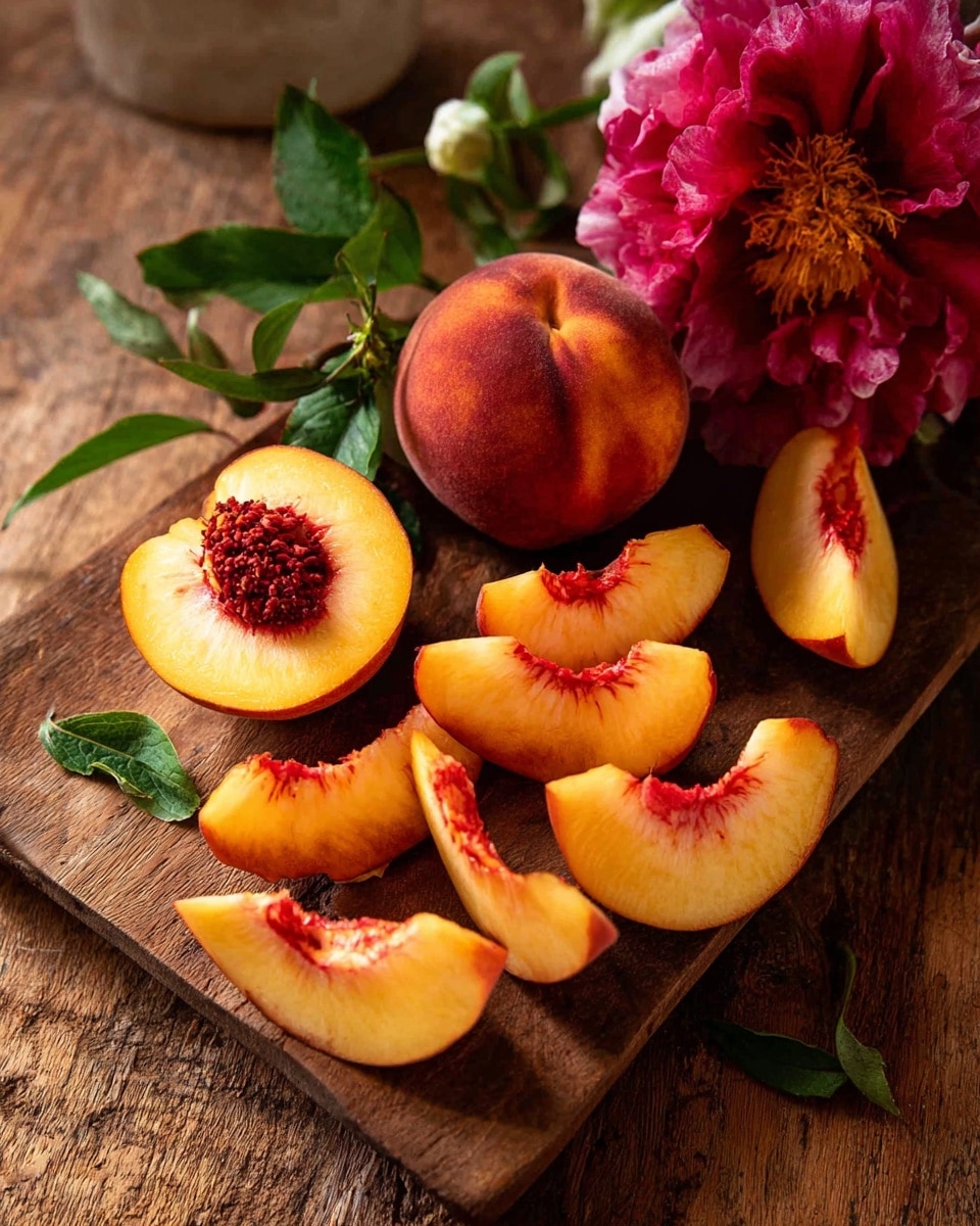 The image shows a wooden cutting board with a whole peach and several peach slices arranged around it. The peach slices have bright orange-yellow flesh with deep red near the center where the pit is left out. There are small green leaves and a large pink flower placed on the board, adding color and a natural feel. The setting is warm and rustic with a textured wood surface below the board. photo taken with an iphone --ar 4:5 --v 7