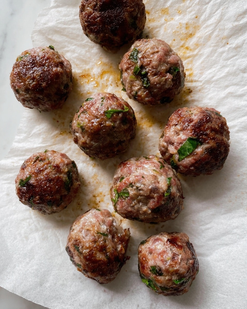 The image shows seven cooked meatballs on a white parchment paper with light brown grease stains around them. Each meatball is round and uneven with a texture showing bits of chopped onions and green herbs mixed in. The color is mostly brown with some areas slightly darker, indicating browning from cooking, and some light pinkish spots inside the meat. The meatballs are arranged randomly over the parchment paper, which sits on a white marbled surface. Photo taken with an iphone --ar 4:5 --v 7