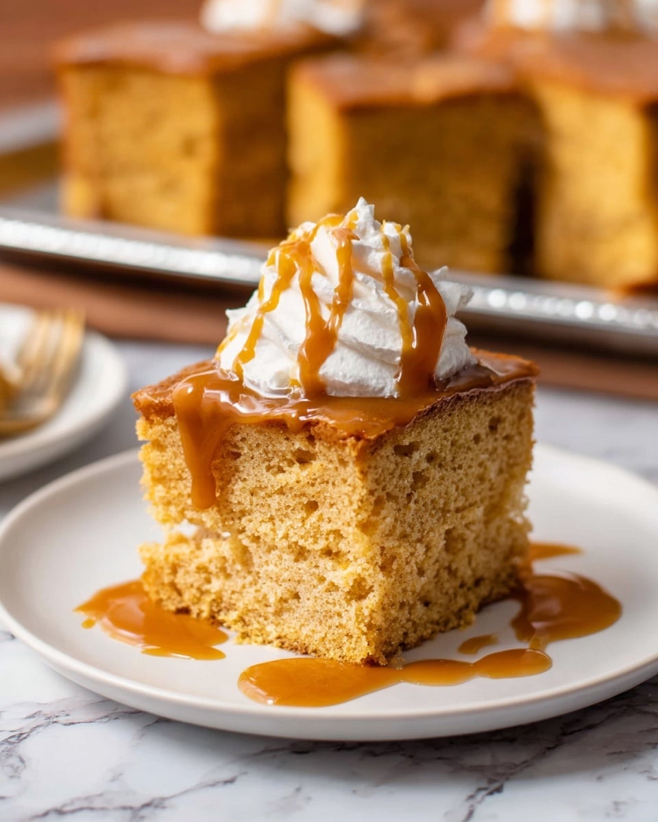 A white plate holds two thick, square pieces of honeycomb cake stacked on top of each other, showing their airy, golden-brown texture with small holes. On top of the stack is a tall swirl of whipped cream, smooth and white. Caramel sauce is being poured slowly over the whipped cream and cake, creating shiny, light brown streaks that drip down the sides. The background is a white marbled surface with a blurred tray of more honeycomb cake in the back. A woman's hand holds the cup pouring caramel sauce. Photo taken with an iphone --ar 4:5 --v 7