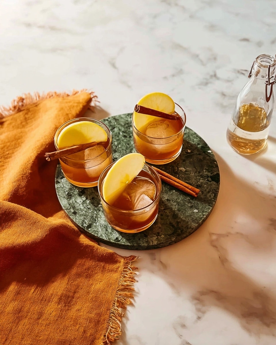 The image shows three short glasses filled with a brown liquid, each topped with a thin yellow apple slice and a cinnamon stick. The glasses are placed on a small round green marble plate, sitting on a white marbled surface. To the left of the glasses, there is an orange cloth with fringed edges casually spread out. On the right side of the image, a clear glass bottle with a swing-top cap is partially visible. The overall setting looks neat and cozy. photo taken with an iphone --ar 4:5 --v 7