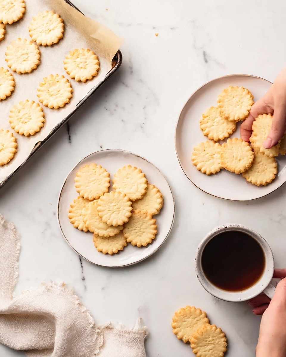 The image shows two white plates with five and three light golden round cookies with scalloped edges on each, placed on a white marbled surface. To the top left, a baking tray with parchment paper holds multiple similar cookies, all evenly spaced. A woman’s hand is reaching for the plate on the right side, and a white cup filled with dark brown coffee sits near the center of the image. There are also two loose cookies placed directly on the marbled surface, one near the cup and one near the tray. A soft white cloth is partly visible underneath the plate on the lower right. The scene looks clean and bright, with a cozy feel. photo taken with an iphone --ar 4:5 --v 7