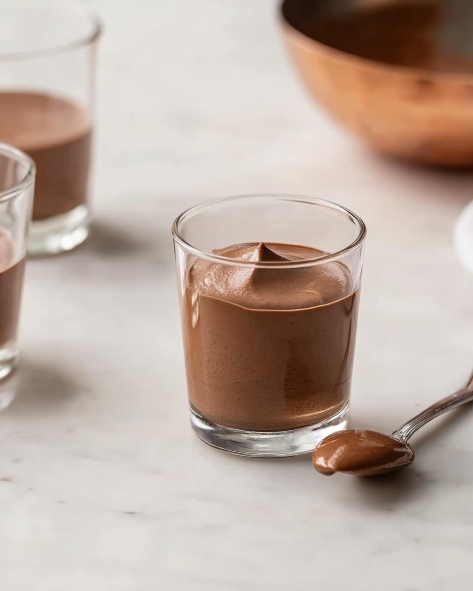 A small clear glass is filled with a smooth, thick layer of light brown chocolate mousse that fills about three-quarters of the glass, showing a soft and creamy texture with a little peak on top. Next to the glass is a silver spoon with a dollop of the same mousse resting gently on it. In the background, there are two more empty clear glasses and part of a large copper bowl, all placed on a white marbled surface. The scene is simple and clean, highlighting the rich brown color of the mousse. photo taken with an iphone --ar 4:5 --v 7