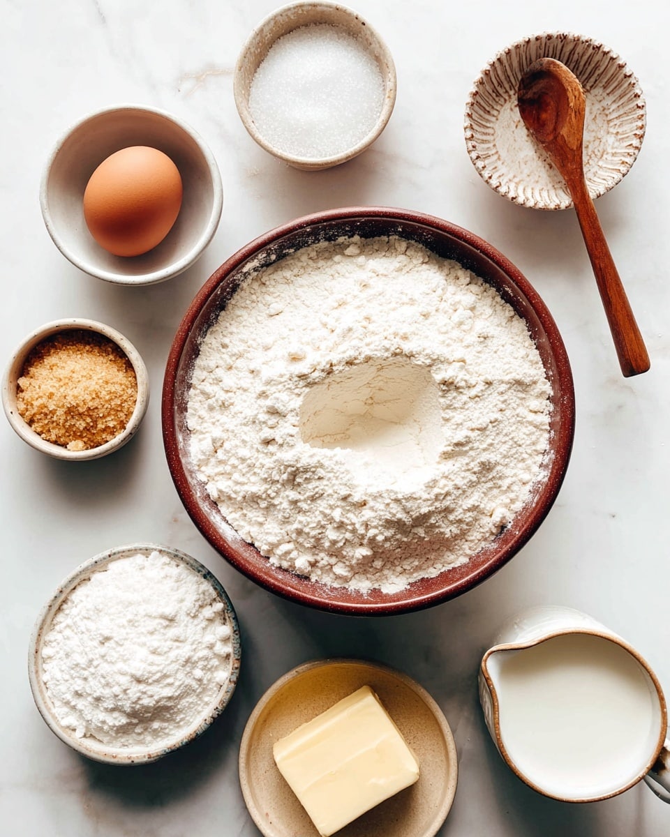 A large round brown bowl filled with white flour, with a small hollow in the center, is placed in the middle on a white marbled surface. To the top right, a smaller beige bowl with a textured rim holds a single brown egg. Surrounding these, there are five small containers: to the left, a deep bowl filled with coarse white salt and a tiny bowl holding beige yeast powder; on the right side, another bowl filled with raw brown sugar; below the flour, a pale yellow dish holds a square of butter, next to it a white jug filled with milk; to the far right, a bowl with white baking soda and a wooden spoon inside completes the layout. The setting is bright and clean with soft natural light, photo taken with an iphone --ar 4:5 --v 7