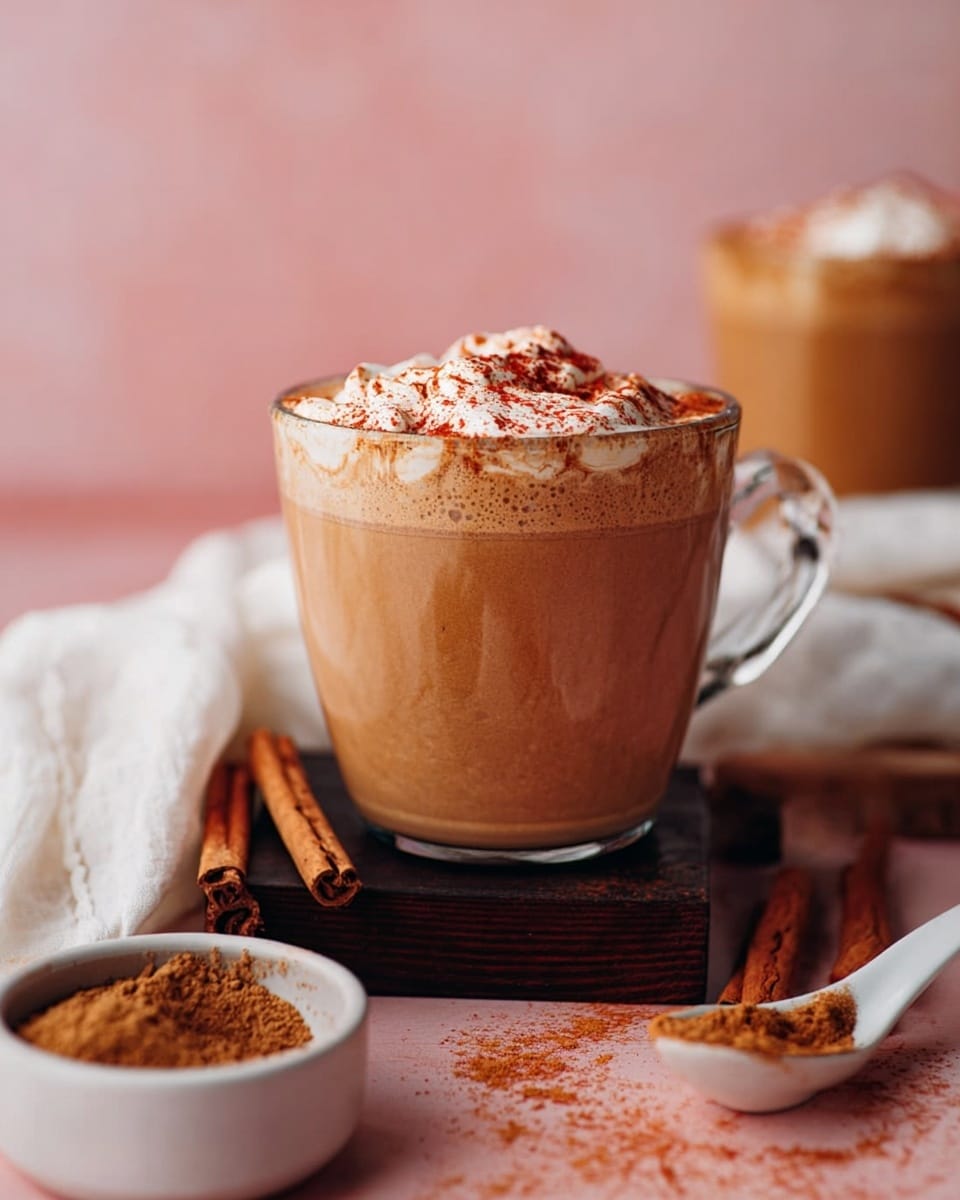 A clear glass cup filled with a light brown creamy drink, topped with a layer of whipped cream sprinkled with reddish cinnamon powder. The cup rests on a dark wooden block, surrounded by cinnamon sticks, a small white bowl filled with brown powder, and a white spoon with some cinnamon powder on it. The scene is set on a soft pink surface, with a white cloth draped beside the cup, and a blurred similar cup in the background. photo taken with an iphone --ar 4:5 --v 7