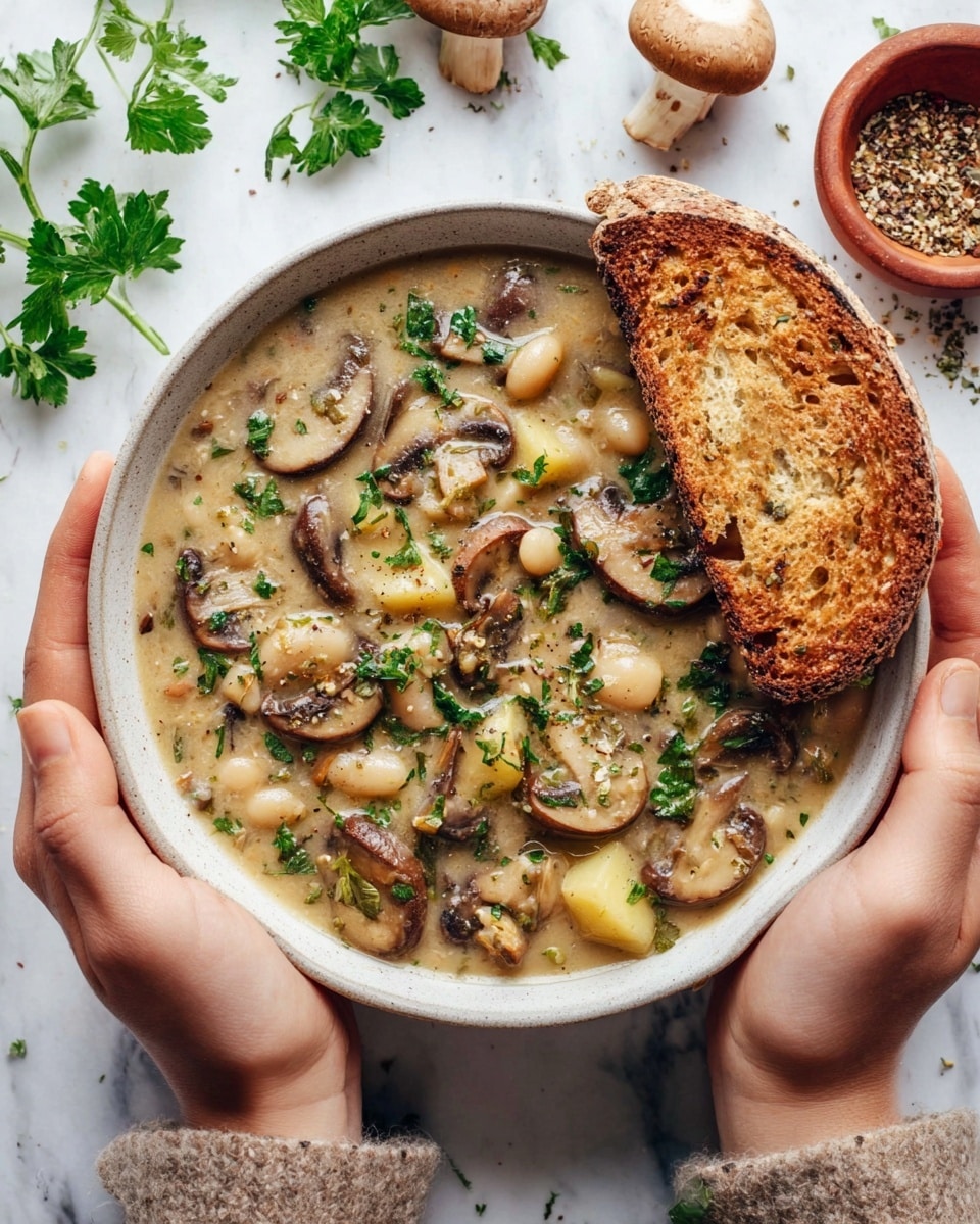 A white round bowl filled with a creamy mushroom and white bean soup, showing thick slices of brown mushrooms and white beans mixed with small chunks of potatoes in a light beige broth. The soup is topped with bits of fresh green parsley and a sprinkle of black pepper. A toasted slice of brown bread with a crunchy crust rests on one side inside the bowl. A woman's hands hold the bowl gently from both sides. The background is a white marbled surface with some fresh green parsley leaves and whole mushrooms scattered around, along with a small round red bowl containing ground pepper. photo taken with an iphone --ar 4:5 --v 7