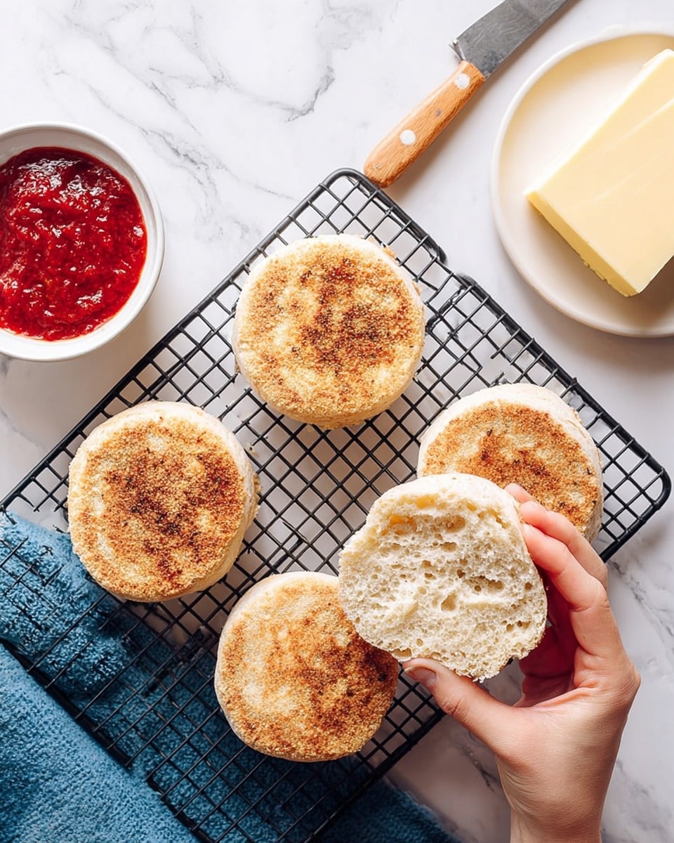 A woman's hand holds a close-up of a round, light brown English muffin half showing a coarse, porous texture with small holes and grains, looking soft and airy. In the background, there are three more muffins on a white marbled surface and a knife with a wooden handle resting on a wire rack. A blurred white bowl with red jam is seen in the top right corner. photo taken with an iphone --ar 4:5 --v 7