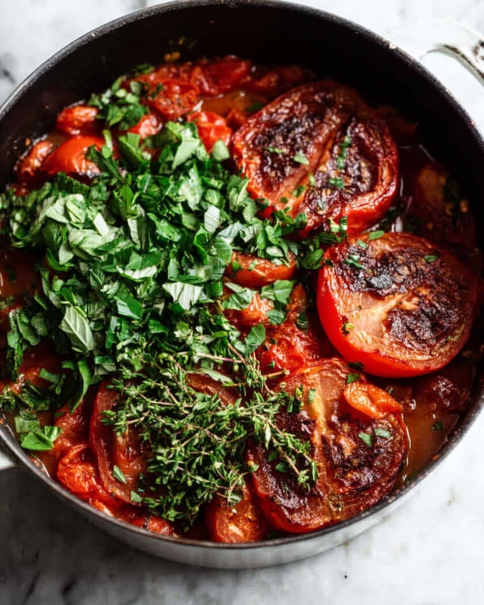 A black pot filled with several layers of cooked tomato dish sits on a white marbled surface. The bottom layer is a rich red sauce with visible tomato chunks. On top, there are large, roasted tomato halves with a dark brown char on their surfaces. Fresh green basil leaves and roughly chopped leafy herbs are scattered over the tomatoes, adding a fresh contrast in color and texture. Photo taken with an iphone --ar 4:5 --v 7