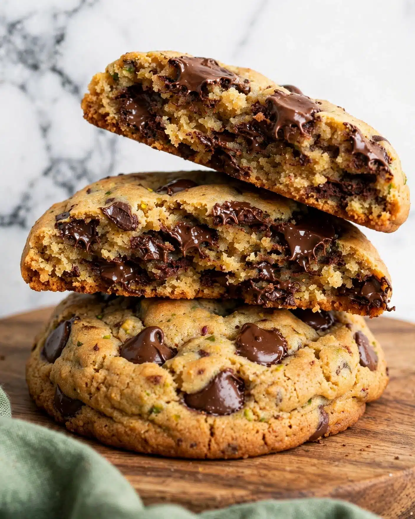 Zucchini Chocolate Chip Cookies Recipe 5 The image shows a close-up of a stack of three thick chocolate chip cookies on a wooden board. The bottom cookie is whole and textured with a golden-brown color, dotted with melted chocolate chips and small green flecks. The second cookie is placed on top and is broken in half, revealing a soft and moist inside with lots of dark chocolate chips spread throughout, and a slightly crumbly texture. The top cookie half is placed slightly at an angle, showing melted chocolate chips on top and inside. The background is white with a soft green cloth partially visible at the bottom, and the surface is a white marbled texture. photo taken with an iphone --ar 4:5 --v 7