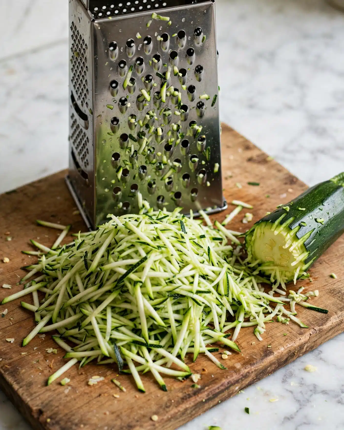 Zucchini Chocolate Chip Cookies Recipe 4 A metal box grater is standing on a wooden cutting board, with fresh shredded zucchini piled up in front of it. The zucchini is light green with darker green skin thinly shredded into long strips, and the grater shows small bits of green stuck in its holes. A partially shredded zucchini with dark green skin and pale green inside lies next to the pile. The wooden board is on a white marbled surface in soft natural light. photo taken with an iphone --ar 4:5 --v 7