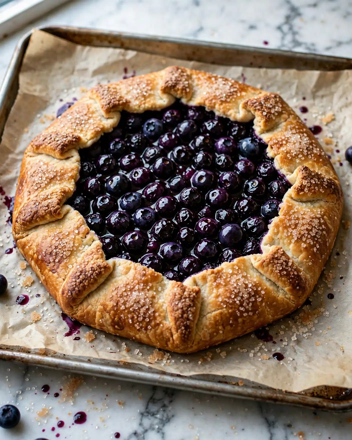 A round galette with a golden-brown crust folded over a deep purple-blueberry filling in the center. The crust is thick and flaky with large sugar crystals sprinkled on top, giving it a rough texture. The blueberries are glossy and packed tightly inside the open middle space of the crust. The galette sits on a sheet of parchment paper which rests on a baking tray, all placed on a white marbled surface. Small drops of purple blueberry juice and some sugar crystals are scattered around the galette. Photo taken with an iphone --ar 4:5 --v 7