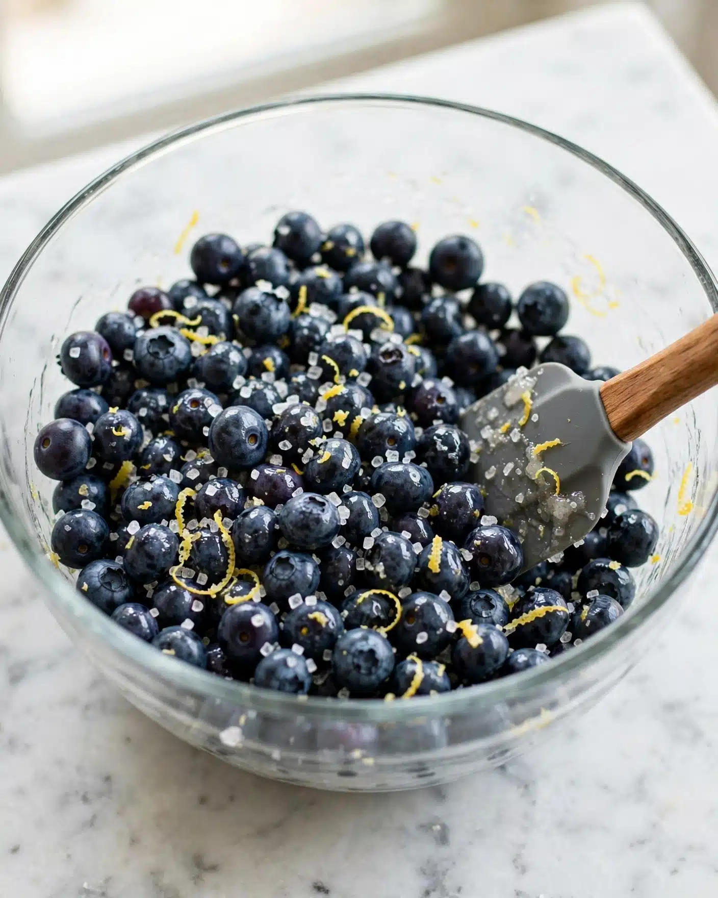 A clear glass bowl filled with dark blue blueberries mixed with small sticky white sugar crystals and bits of yellow lemon zest. A gray spatula with a wooden handle rests inside the bowl on the right side, partially submerged in the blueberries. The bowl sits on a white marbled surface. photo taken with an iphone --ar 4:5 --v 7