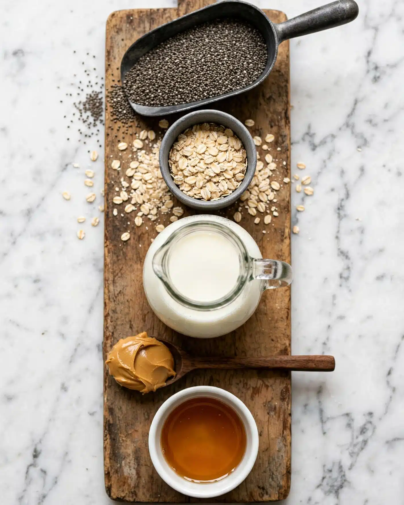 The image shows ingredients for a healthy breakfast arranged in a vertical line on a rustic wooden board placed over a white marbled surface. From top to bottom, there is a dark metal scoop filled with tiny black chia seeds, a small gray ceramic cup filled with light beige rolled oats with some oats scattered on the board around it, a transparent glass jug filled with creamy white milk, a wooden spoon with a dark brown handle holding a dollop of smooth golden peanut butter, and a small white ceramic cup filled with amber-colored honey. The textures are clear and the colors range from dark black chia seeds to light cream milk, pale oats, shiny honey, and rich peanut butter. Photo taken with an iphone --ar 4:5 --v 7
