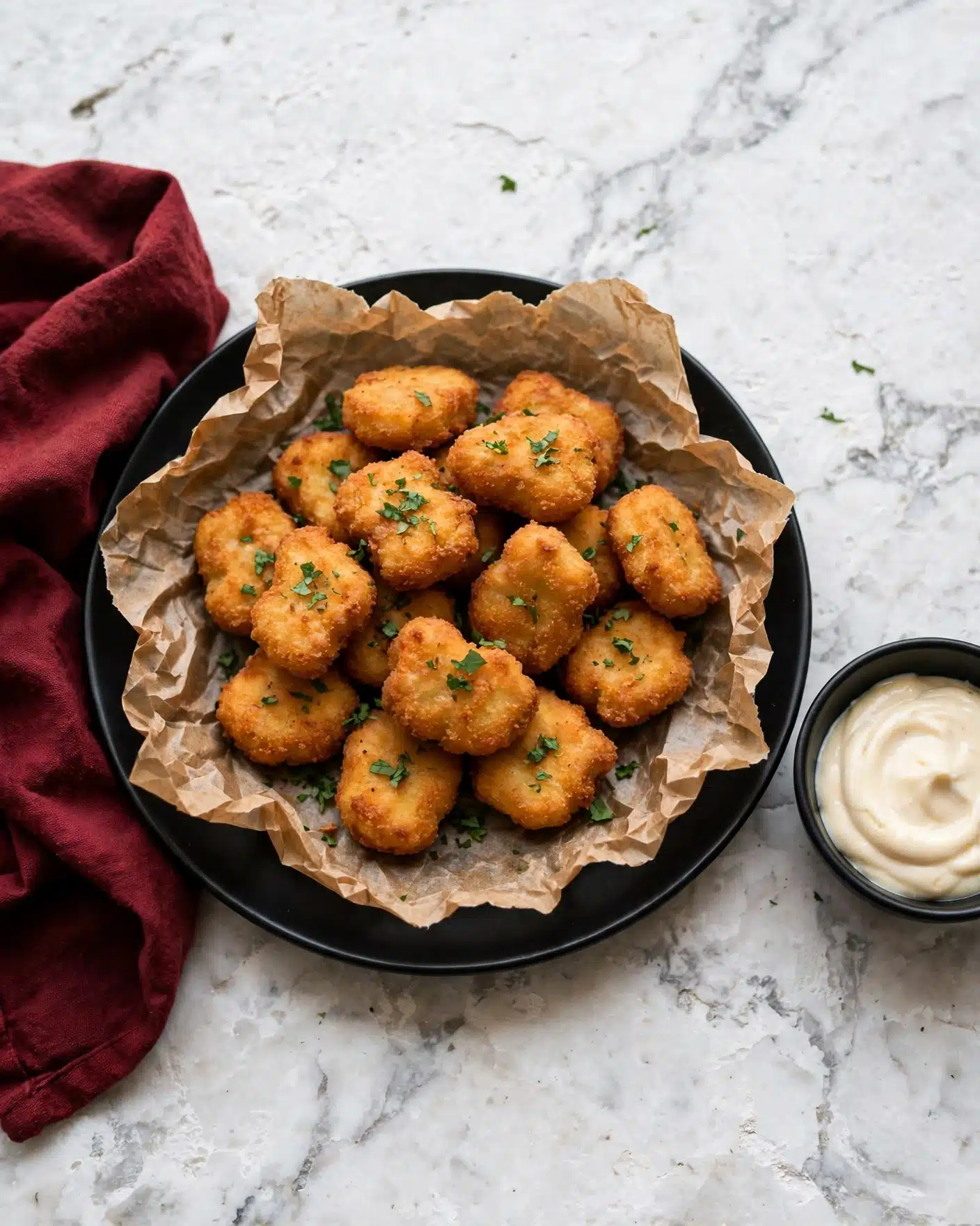 Homemade Chicken Nuggets Recipe 5 A round black plate with crumpled brown paper on top holds about fifteen golden brown, crispy nuggets arranged in a casual pile, sprinkled with small bits of green herbs. On the right side of the plate, there is a small black bowl filled with creamy light-colored dipping sauce. The whole plate sits on a textured white marbled surface with a dark red cloth slightly folded and placed to the left side. photo taken with an iphone --ar 4:5 --v 7
