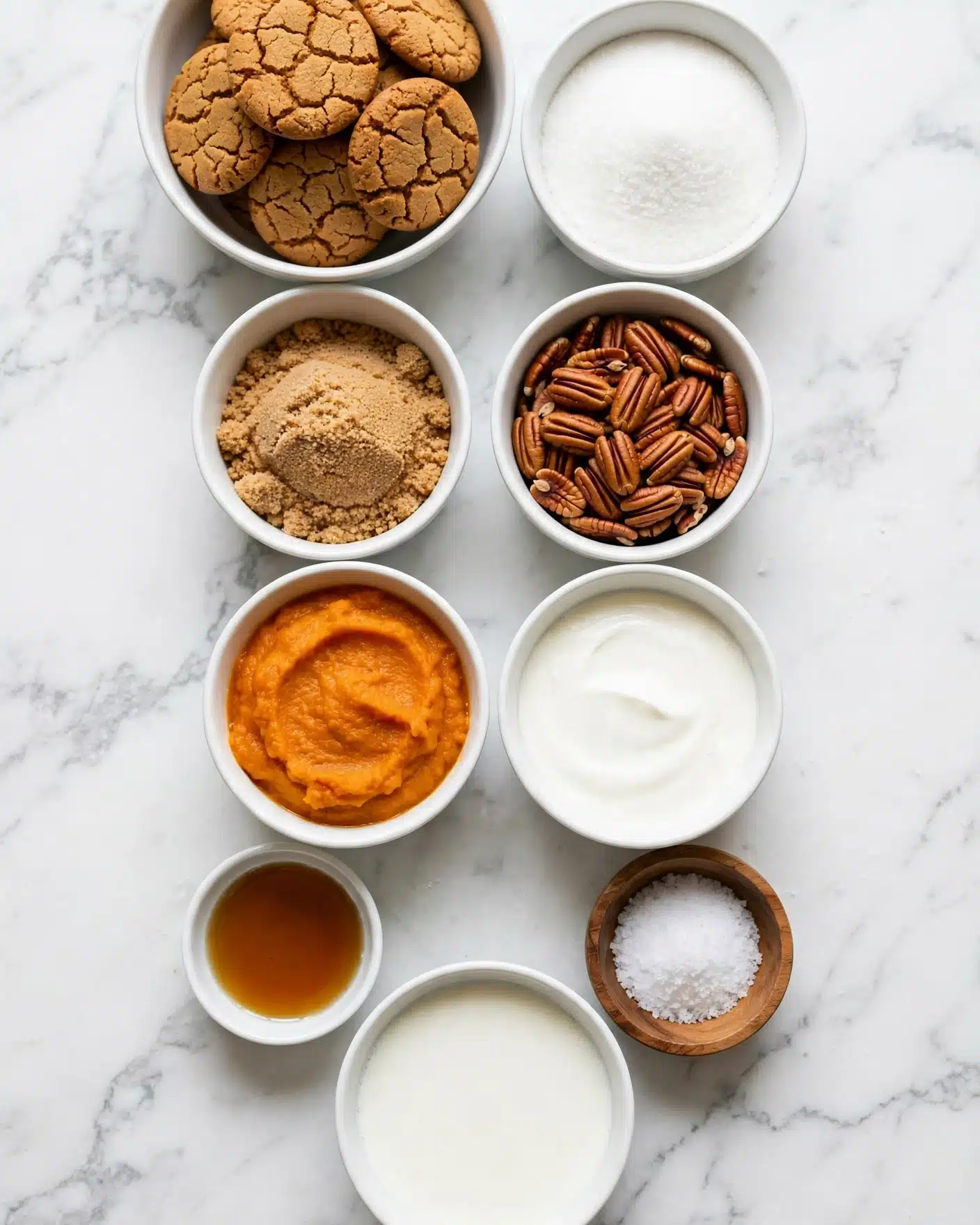 The image shows several white bowls arranged on a white marbled surface. From top to bottom and left to right, the first bowl holds orange-brown cookies with a cracked surface. Next to it is a bowl of white sugar. Below, there is a bowl with light brown sugar and another with brown pecan nuts. Further down, a bowl is filled with bright orange pumpkin puree, and next to it, a bowl of white cream or yogurt. Below these is a small white bowl containing an amber-colored liquid, likely syrup or vanilla extract, and a wooden bowl with white salt. Another white bowl with a white liquid, possibly milk, is positioned near the bottom. The bowls are clean and neatly organized, with the ingredients standing out clearly against the white marbled background. photo taken with an iphone --ar 4:5 --v 7