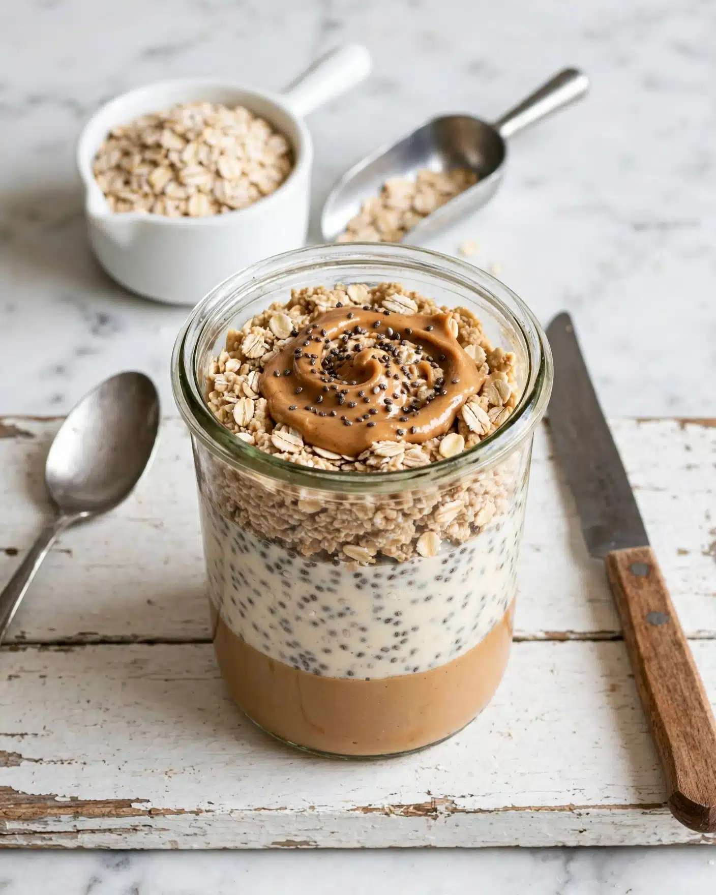 A clear glass jar is filled with three visible layers: the bottom layer is smooth and light brown, the middle layer is creamy off-white with small dark seeds mixed in, and the top layer consists of oatmeal with a swirl of peanut butter and more scattered small dark seeds. The jar sits on a piece of old white painted wood with a metal spoon on the left side and a knife with a wooden handle on the right, both resting on the wood. Behind the jar, there is a small white measuring cup filled with oats and a metal scoop next to it. The whole scene is set on a white marbled texture. Photo taken with an iphone --ar 4:5 --v 7