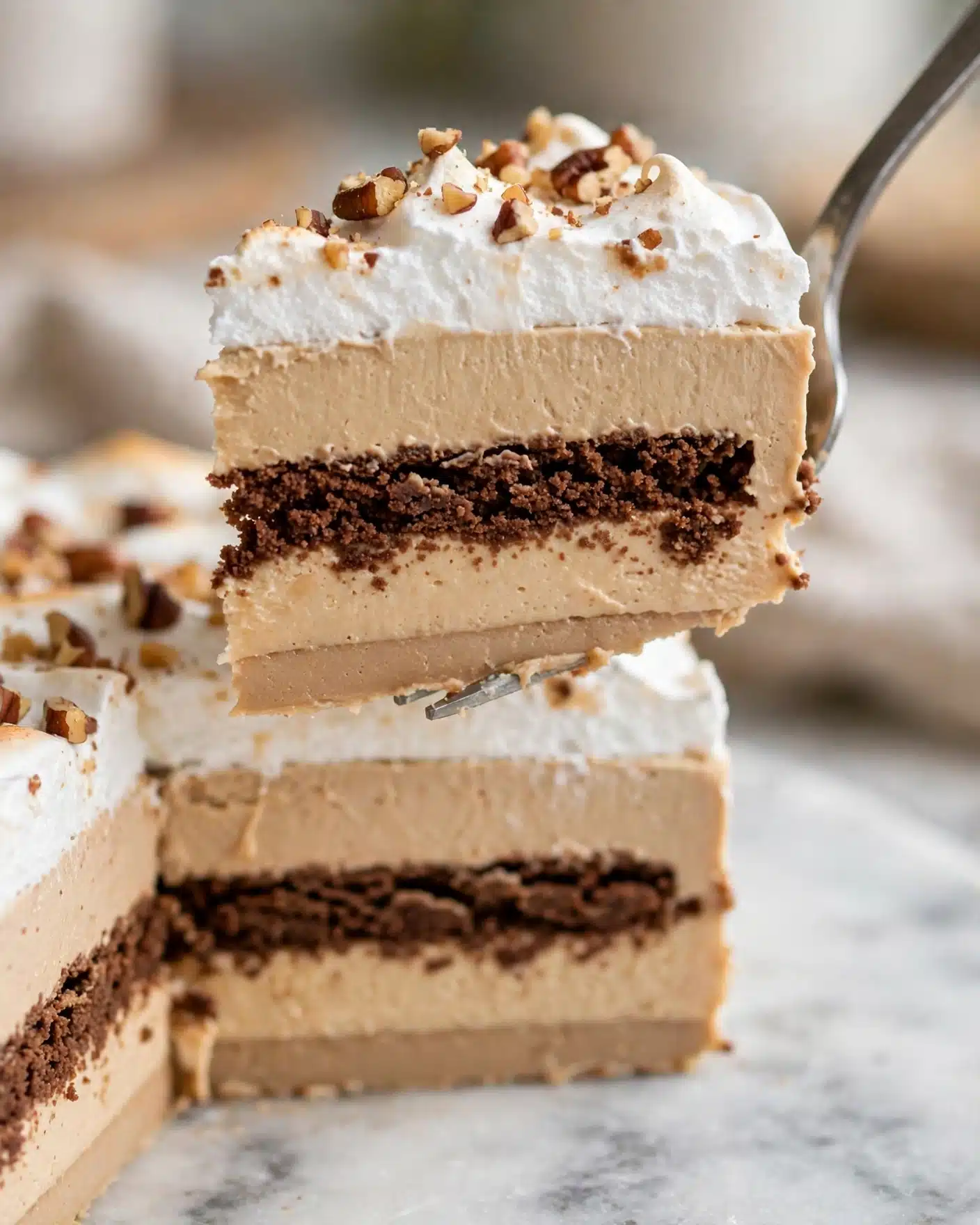 The image shows a close-up of a slice of layered dessert being lifted by a fork. The slice has four visible layers: the bottom layer is a light brown creamy texture, followed by a darker, crumbly layer, then another thick light brown creamy layer, and on top a fluffy, white meringue layer sprinkled with chopped nuts. The dessert is set on a white marbled surface, with the larger part of the dessert visible below the fork. The background is softly blurred, making the dessert the main focus. photo taken with an iphone --ar 4:5 --v 7