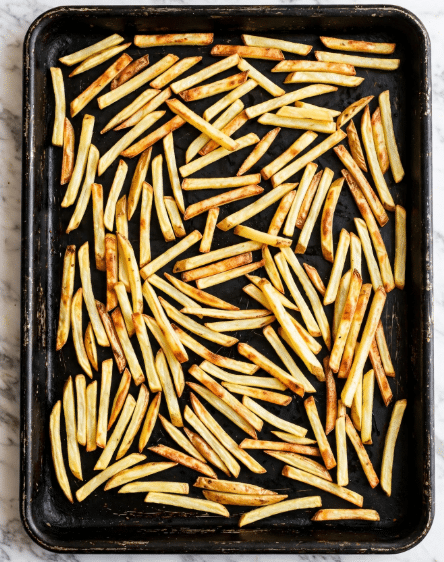 A large black baking tray holds one single layer of golden-yellow French fries, each fry varying in length and thickness. The fries show a mix of textures, some with crispy edges browning lightly, while others appear softer with a pale yellow color. The tray has a rustic look with signs of heavy use, and the fries are spread loosely without overlapping much, covering almost the entire tray. The background is a white marbled texture. photo taken with an iphone --ar 4:5 --v 7