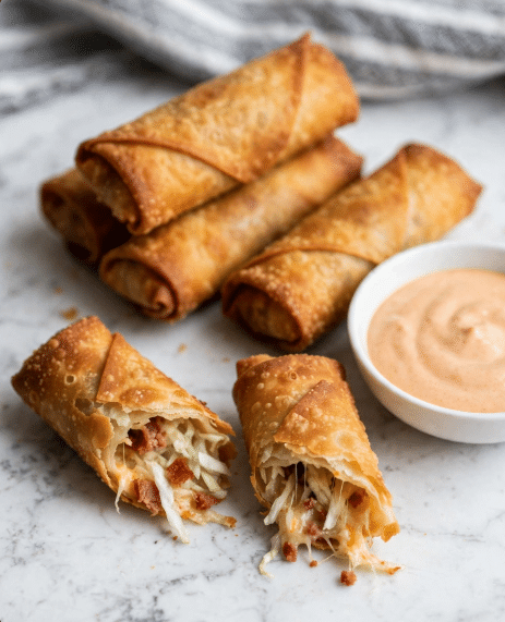 The image shows several golden brown egg rolls with a crispy outer shell, stacked on a white marbled surface. Two egg rolls are broken open, revealing layers inside of shredded white cabbage and small pieces of reddish meat mixed with light melted cheese strands. Next to the egg rolls is a white bowl filled with a creamy, light orange dipping sauce. The background has a soft, blurred fabric with grey and white stripes. Photo taken with an iphone --ar 4:5 --v 7