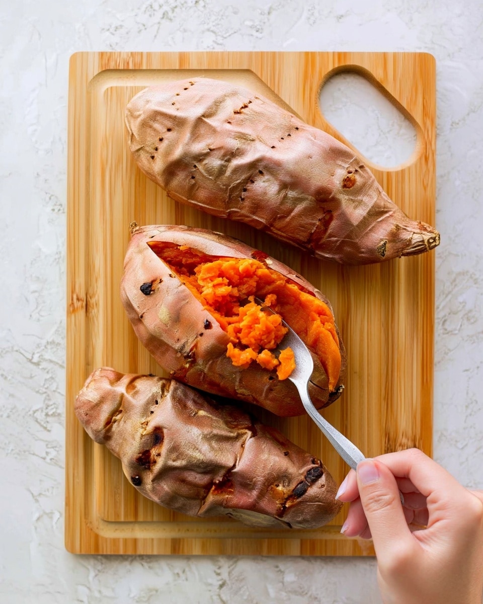 The image shows three whole roasted sweet potatoes on a light-colored wooden cutting board with rounded edges. The sweet potatoes have wrinkled, brownish-orange skin with some char marks. One sweet potato is cut open in the middle, showing bright orange soft flesh inside. A woman's hand is holding a silver fork, scooping out some of the orange flesh from the opened sweet potato. The background surface is a white marbled texture. photo taken with an iphone --ar 4:5 --v 7