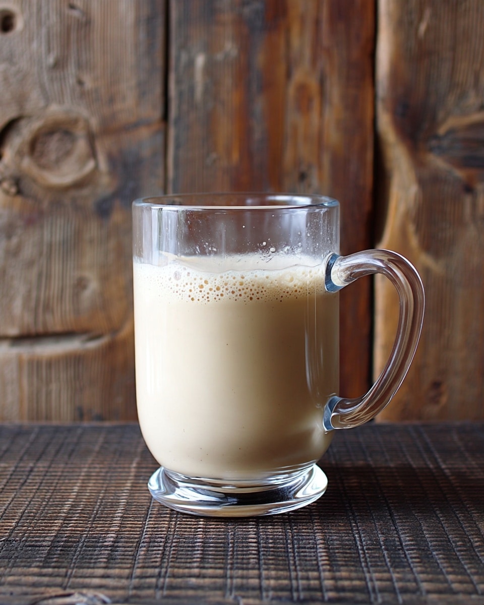 A clear glass mug with a handle is filled halfway with a creamy light beige liquid. The glass is slightly frosted near the top and sits on a dark textured surface. The background shows wooden planks with a rough texture and some visible knots in the wood. photo taken with an iphone --ar 4:5 --v 7