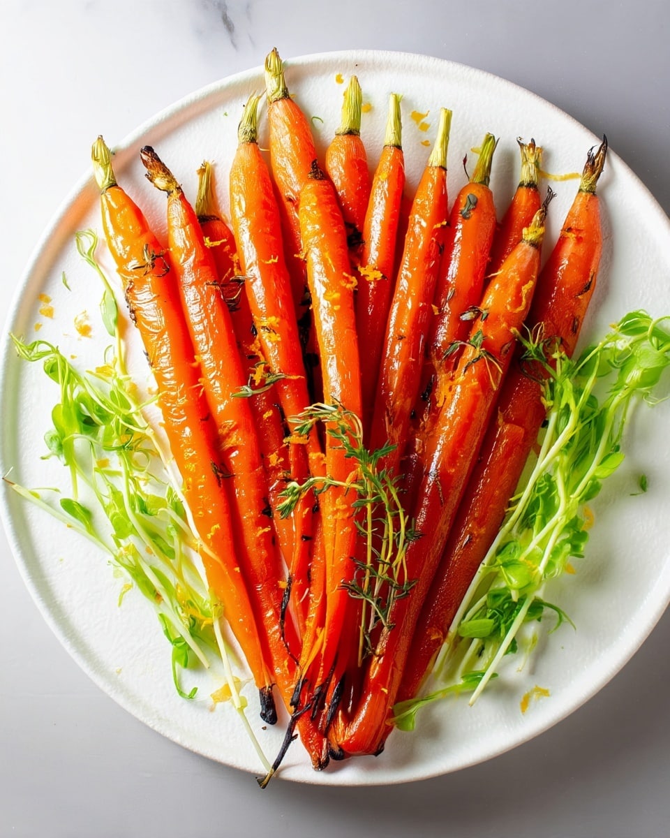A white round plate holds about twelve bright orange roasted carrots arranged in a neat fan shape with their green tops trimmed short, and tiny charred spots showing slight browning on some tips. The carrots are glazed with a shiny coating and sprinkled with small pieces of green herbs spread evenly on top. On each side of the carrots, fresh green sprigs with delicate leaves add a fresh look to the plate. The plate sits on a white marbled surface, and warm natural light highlights the bright colors and textures. Photo taken with an iphone --ar 4:5 --v 7