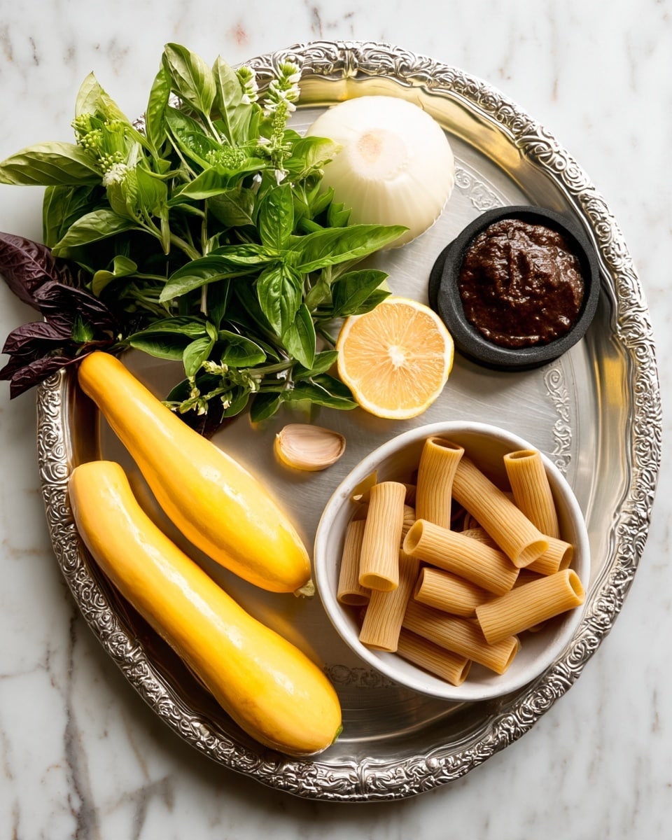 A silver tray holds a mix of fresh ingredients on a white marbled surface. In the bottom right corner, there is a white bowl filled with uncooked brown pasta tubes. To the left of the bowl, four yellow summer squash lie horizontally, their smooth skin shining under the light. Near the top left, a bunch of fresh green basil leaves with some small white flowers is arranged, with a halved lemon beside it revealing its bright yellow flesh. A single clove of garlic rests below the lemon. Near the top right, a white onion sits whole and unpeeled. In front of the onion is a small black bowl containing a dollop of dark brown paste. Above that, a bowl of soaked cashew nuts is visible. photo taken with an iphone --ar 4:5 --v 7