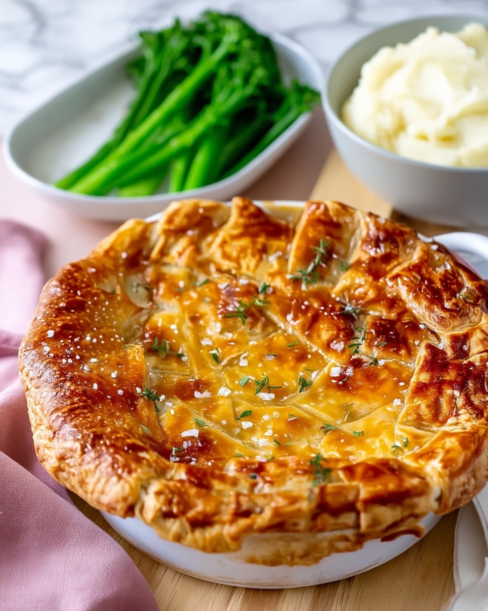 A golden brown pie with a thick, flaky crust sits in a white dish on a wooden surface, topped with coarse sea salt and small green herb leaves scattered across the shiny crust. The crust has a lattice pattern with well-defined edges that are slightly raised and crimped. Behind the pie, there is a white bowl of smooth, creamy mashed potatoes and a white plate filled with bright green broccolini. The scene is bright and inviting with a white marbled background and a soft pink cloth partially visible to the side. photo taken with an iphone --ar 4:5 --v 7