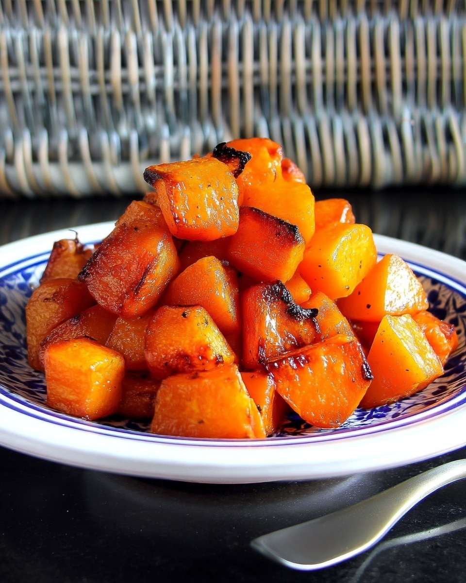 A white plate with a blue and white patterned bowl inside holds many pieces of cooked orange sweet potatoes. The sweet potatoes are cut into medium chunks with some edges nicely browned and slightly darkened, showing they are roasted. The bowl has a shiny silver spoon on the right side resting inside. The whole setup sits on a white marbled surface that adds a clean look to the image. photo taken with an iphone --ar 4:5 --v 7
