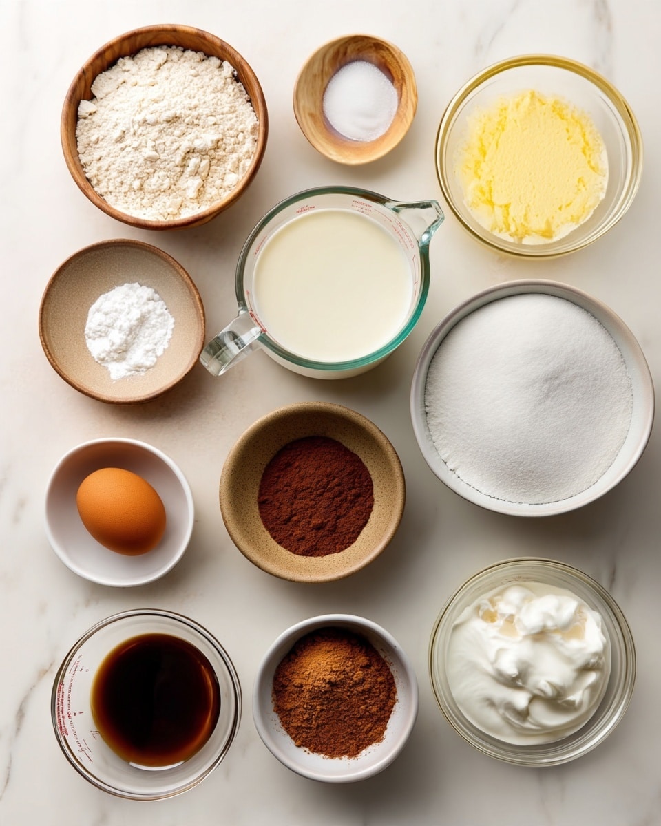 A top view shows various baking ingredients arranged neatly on a white marbled surface. At the bottom left is a white bowl filled with light beige flour. To its right is a clear glass measuring cup with white milk. Above the flour are two small wooden bowls, one with white baking soda and one with light brown sugar. Above them is a wooden bowl with white baking powder. In the center right is a white bowl with white granulated sugar, and next to it on the left is a small beige bowl with white salt. Above the salt is a small white bowl with dark brown cinnamon powder, and below it is a white bowl with brown nutmeg powder. Near the center is a small white bowl with dark vanilla extract. On the left is a brown egg sitting directly on the surface. Above the vanilla and cinnamon is a glass bowl with pale yellow melted butter, and below the egg is a glass bowl with white sour cream. All items are clearly labeled with bold black text. Photo taken with an iphone --ar 4:5 --v 7